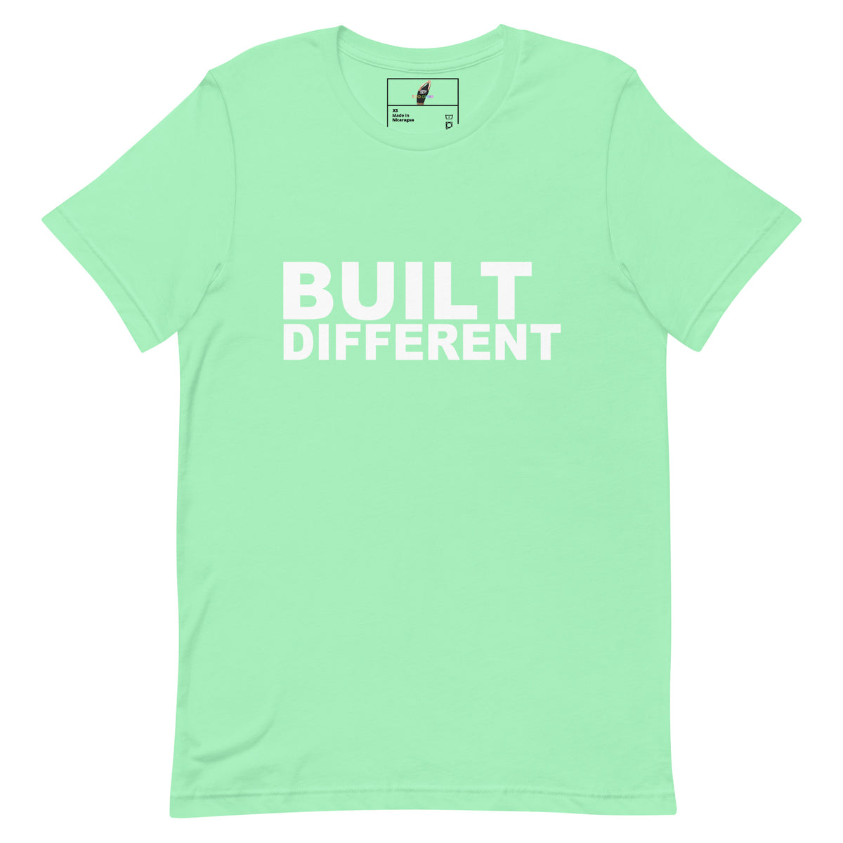 A mint green short-sleeve crewneck t-shirt with the words 'BUILT DIFFERENT' printed in bold white capital letters across the chest, displayed on a clean white background.