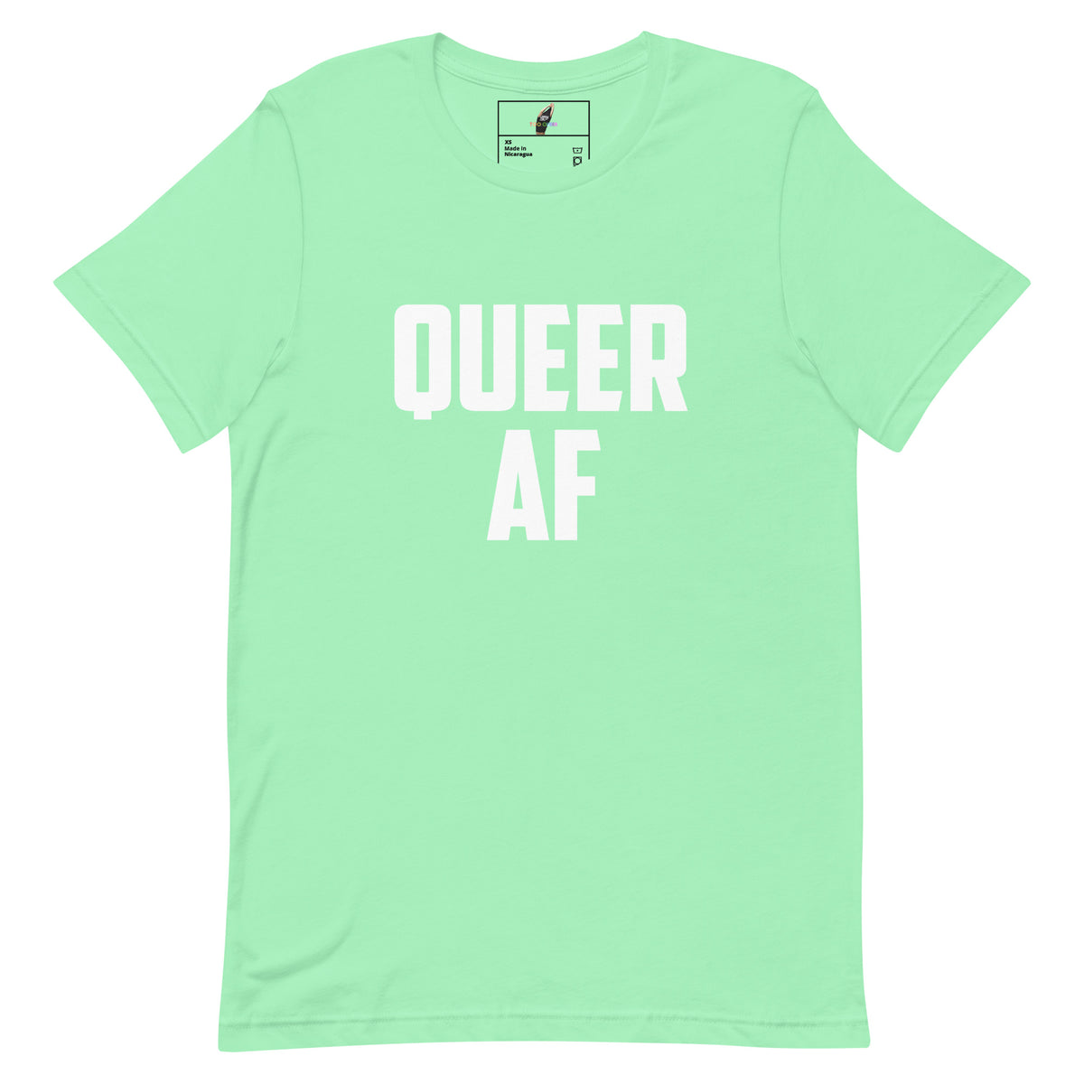 A mint green short-sleeve t-shirt with the words 'QUEER AF' printed in bold white capital letters across the chest, displayed flat against a solid white background.