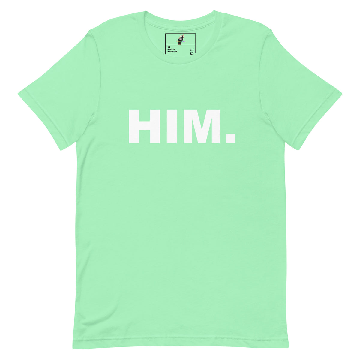 A mint green short-sleeve t-shirt with the word 'HIM.' printed in bold white capital letters across the chest, displayed flat against a white background.