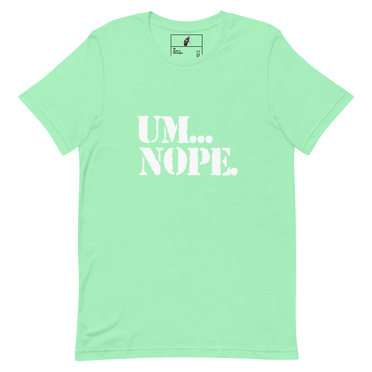 A mint green short-sleeve t-shirt with the phrase 'UM.