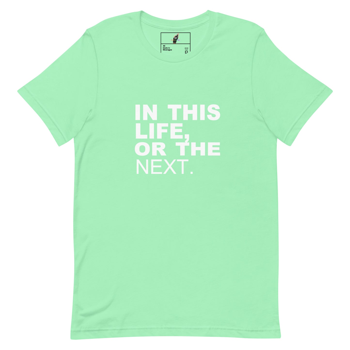 A mint green short-sleeve t-shirt with the phrase 'IN THIS LIFE, OR THE NEXT.' printed in bold white capital letters on the front, displayed on a clean white background.