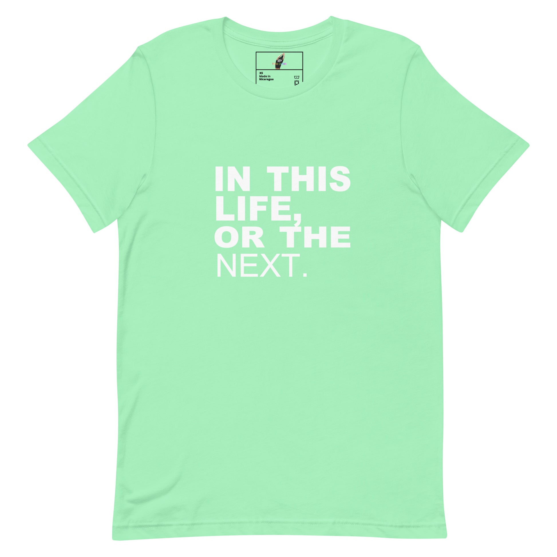 A mint green short-sleeve t-shirt with the phrase 'IN THIS LIFE, OR THE NEXT.' printed in bold white capital letters on the front, displayed on a clean white background.