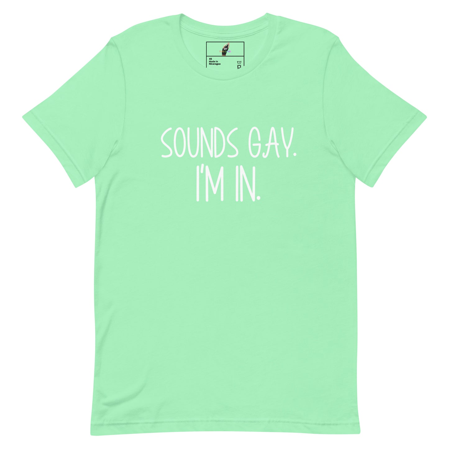 A mint green short-sleeve t-shirt with the text 'SOUNDS GAY. I'M IN.
