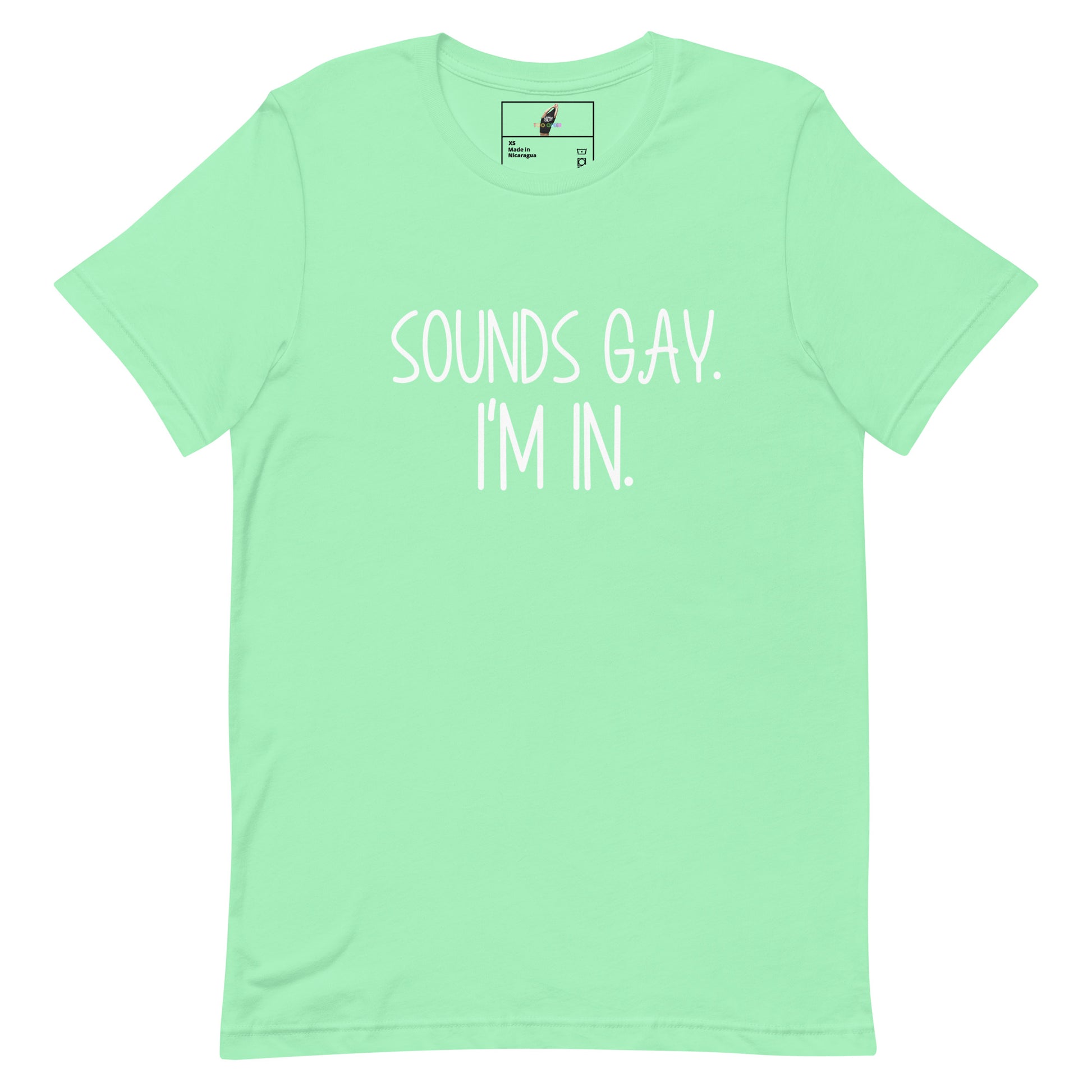 A mint green short-sleeve t-shirt with the text 'SOUNDS GAY. I'M IN.