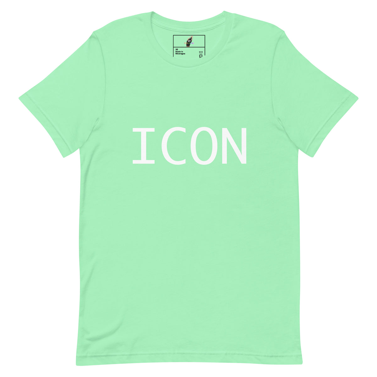 A mint green short-sleeve crewneck t-shirt with the word 'ICON' printed in bold white capital letters across the chest, displayed flat against a solid white background.