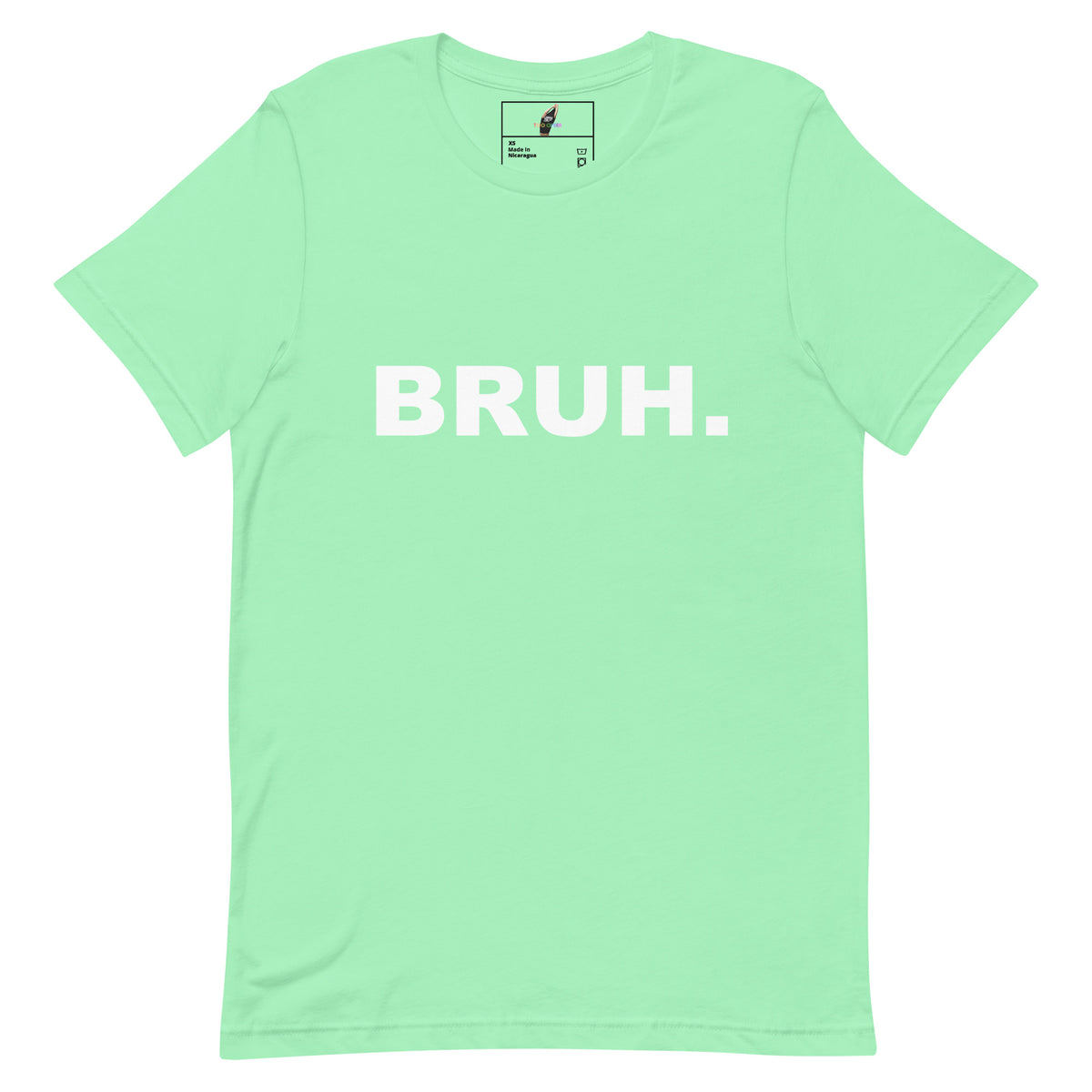 A mint green short-sleeve crewneck t-shirt with the word 'BRUH.' printed in bold white capital letters across the chest, displayed flat against a solid white background.