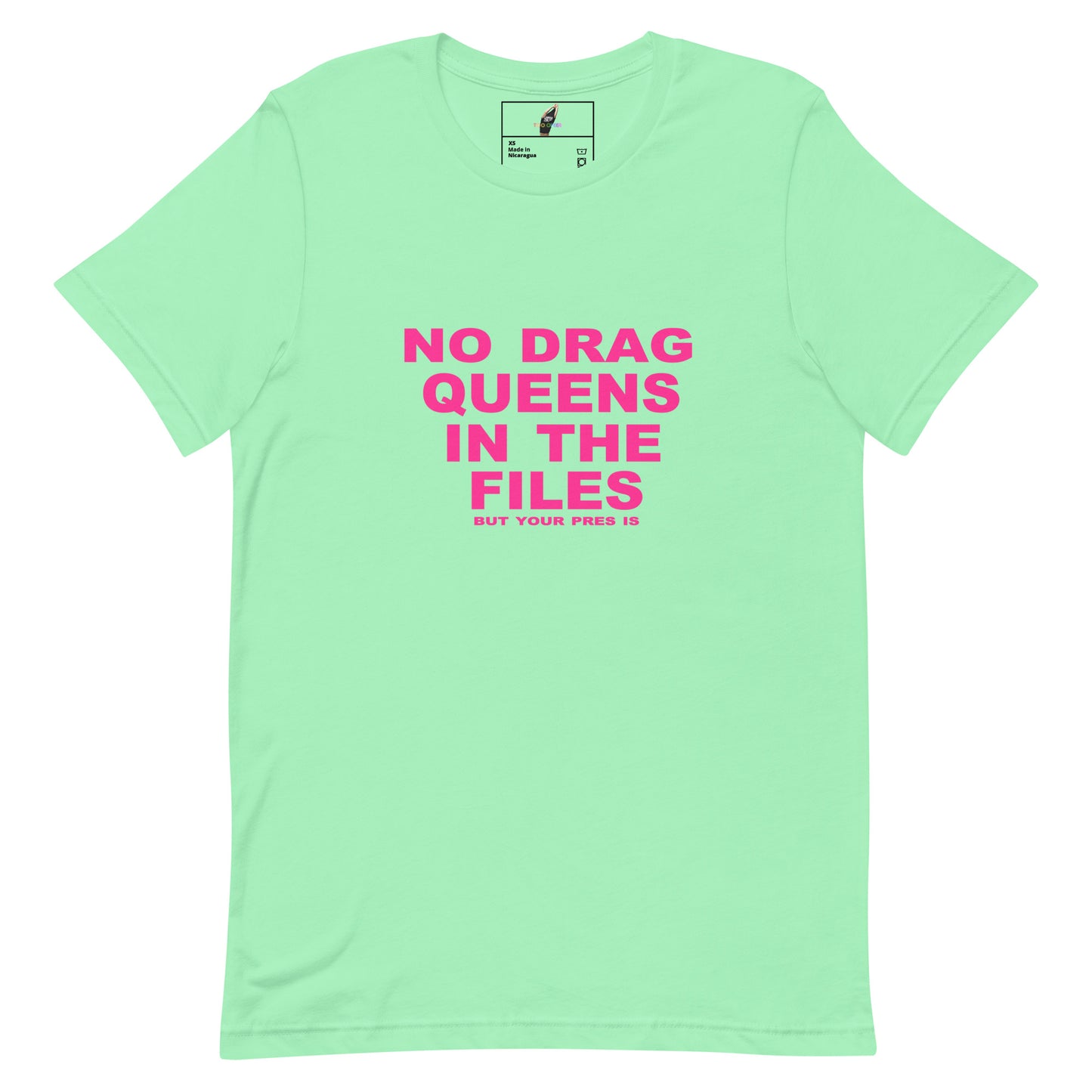 Light green t-shirt with pink text on a white background