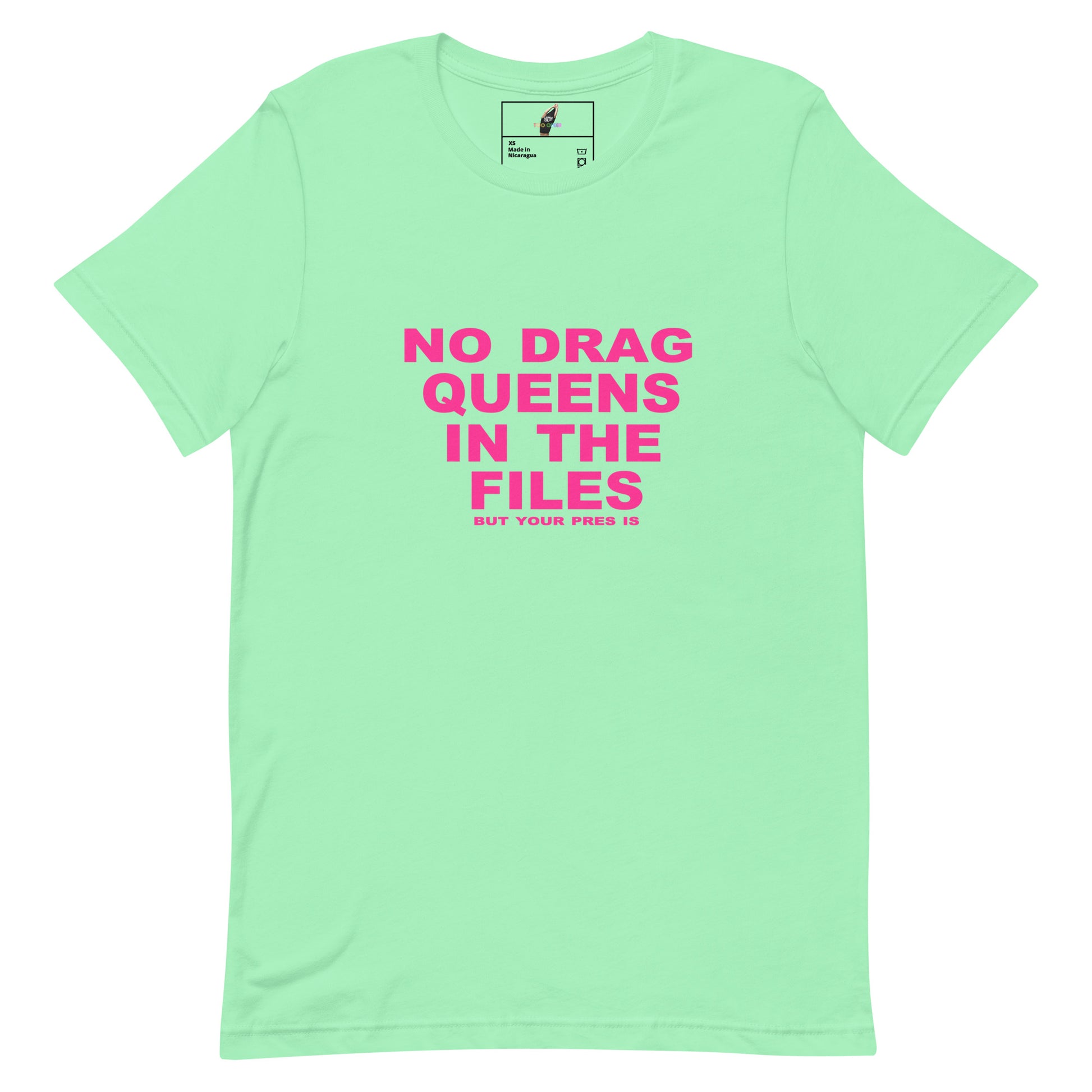 Light green t-shirt with pink text on a white background
