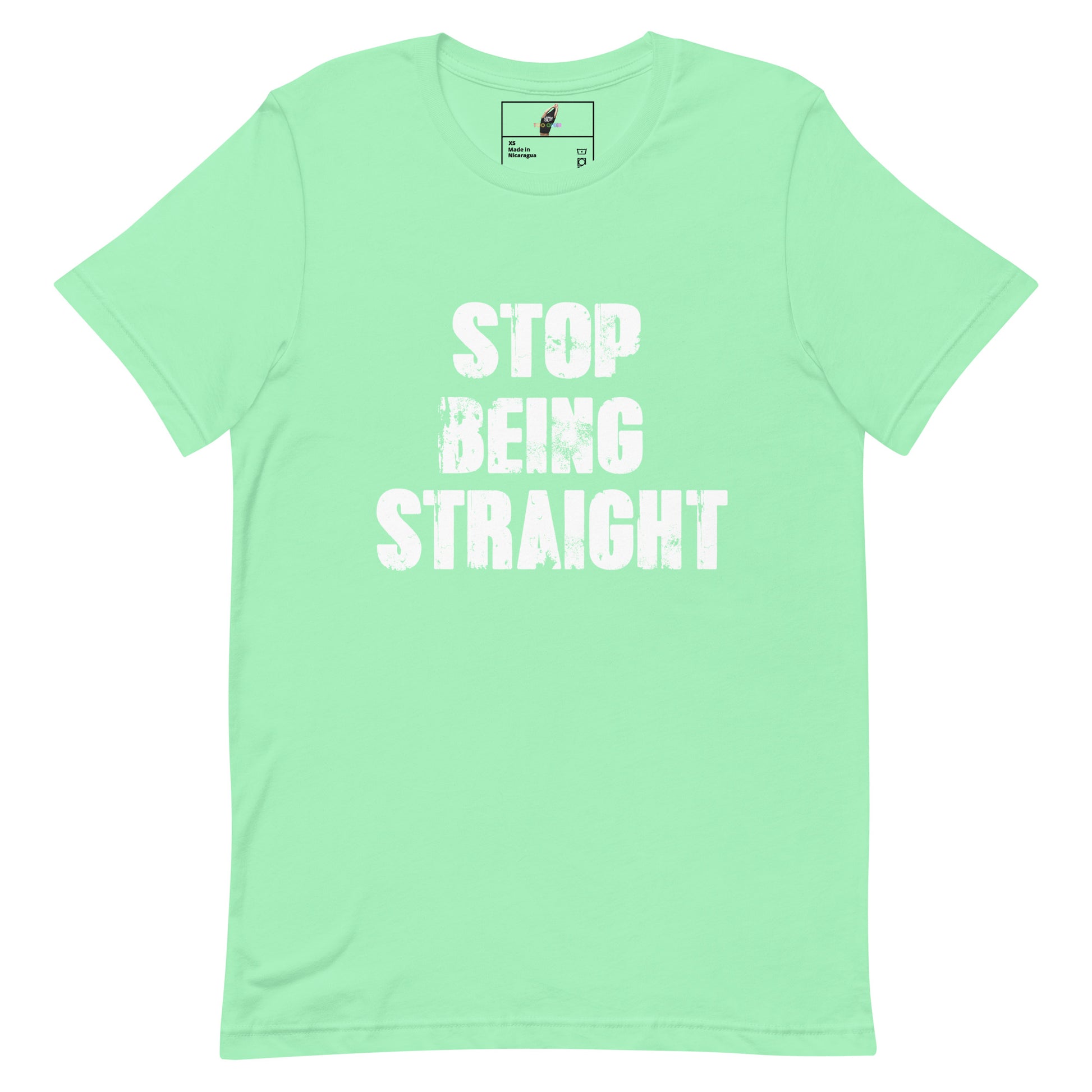 A mint green short-sleeve t-shirt with the phrase 'STOP BEING STRAIGHT' printed in a distressed white font across the chest, displayed on a solid white background.