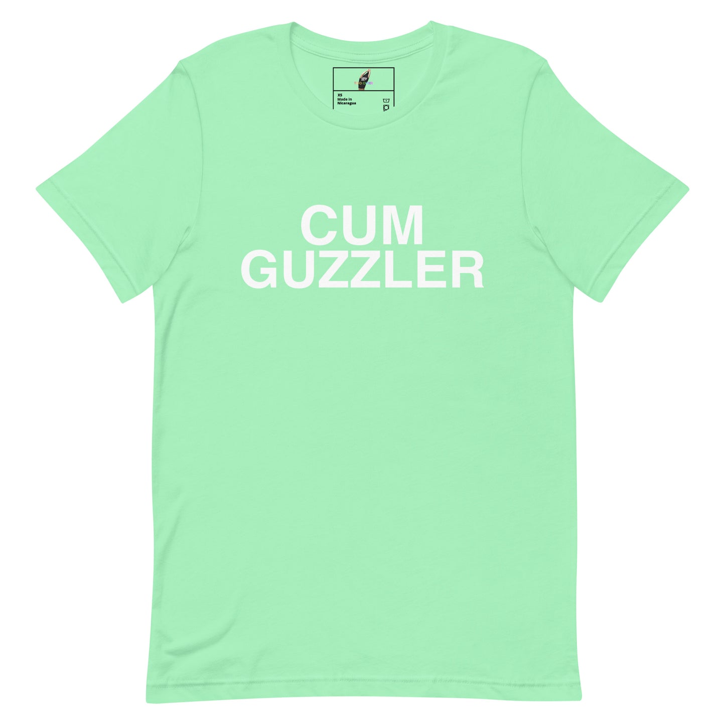 A mint green short-sleeve crewneck t-shirt with the words 'CUM GUZZLER' printed in bold white capital letters across the chest, displayed flat against a solid white background.