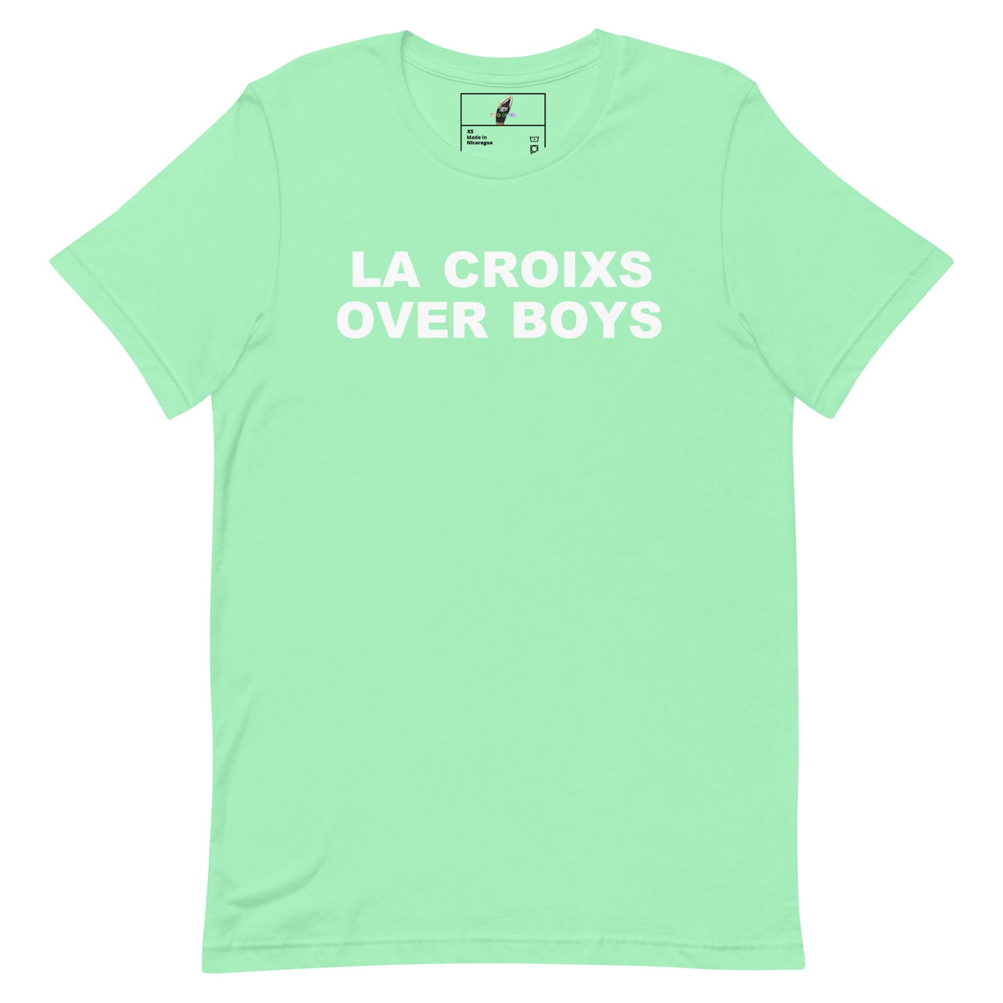 A mint green short-sleeve t-shirt with the phrase 'LA CROIXS OVER BOYS' printed in bold white capital letters across the chest, displayed flat against a solid white background.