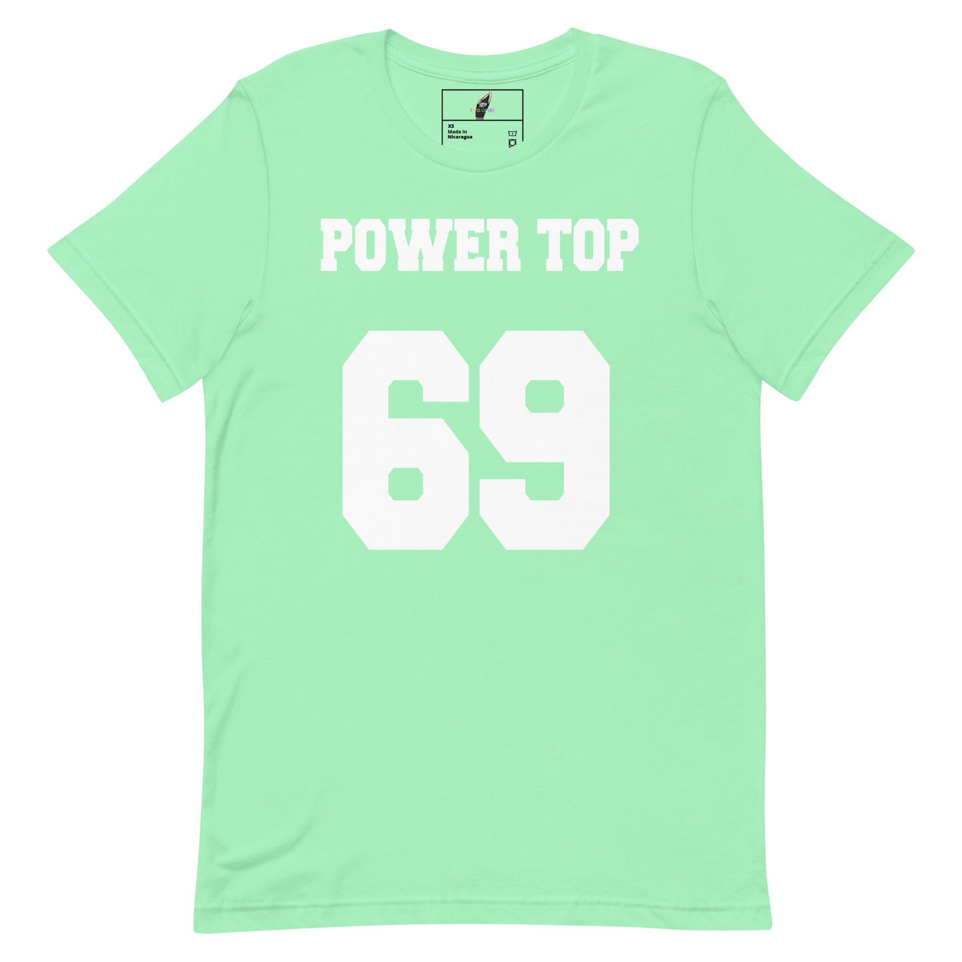 A mint green short-sleeve t-shirt with 'POWER TOP' and the number '69' printed in bold white block letters on the front, displayed against a solid white background.