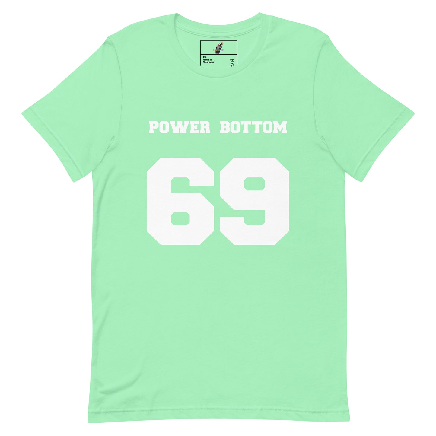 A mint green short-sleeve t-shirt with 'POWER BOTTOM' and the number '69' printed in white on the front, displayed flat against a white background.