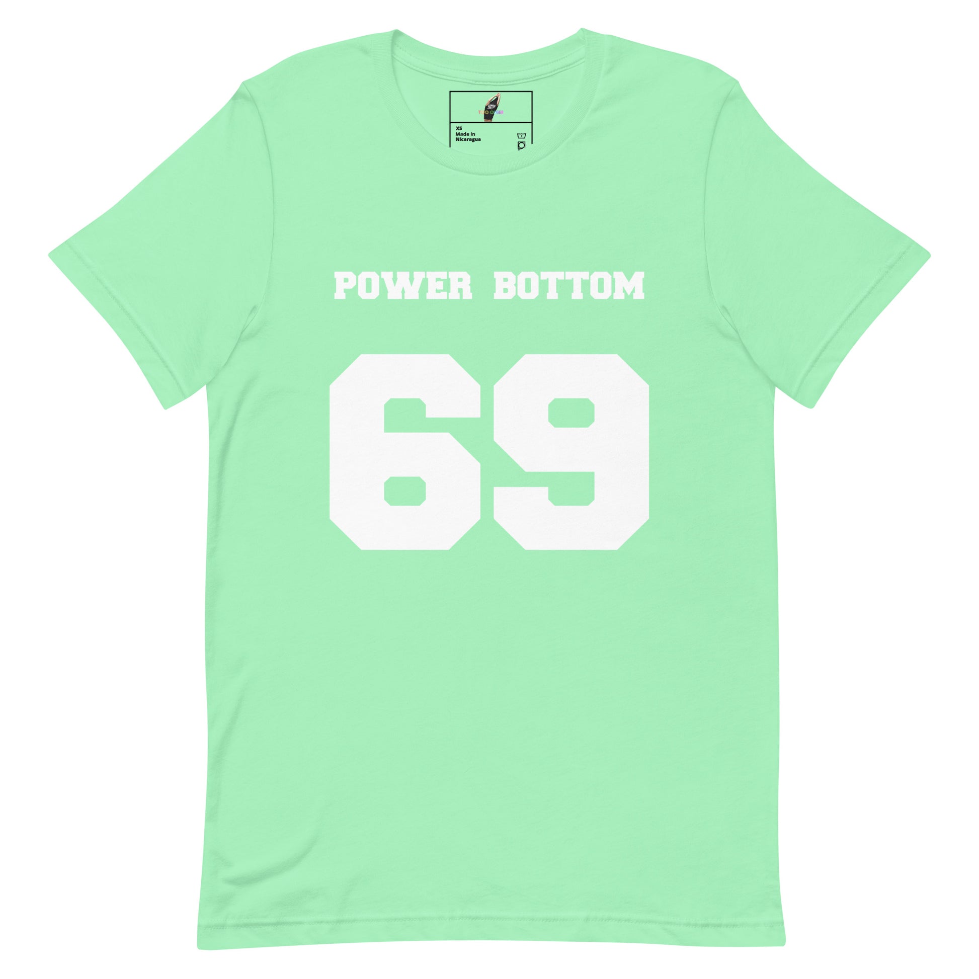 A mint green short-sleeve t-shirt with 'POWER BOTTOM' and the number '69' printed in white on the front, displayed flat against a white background.