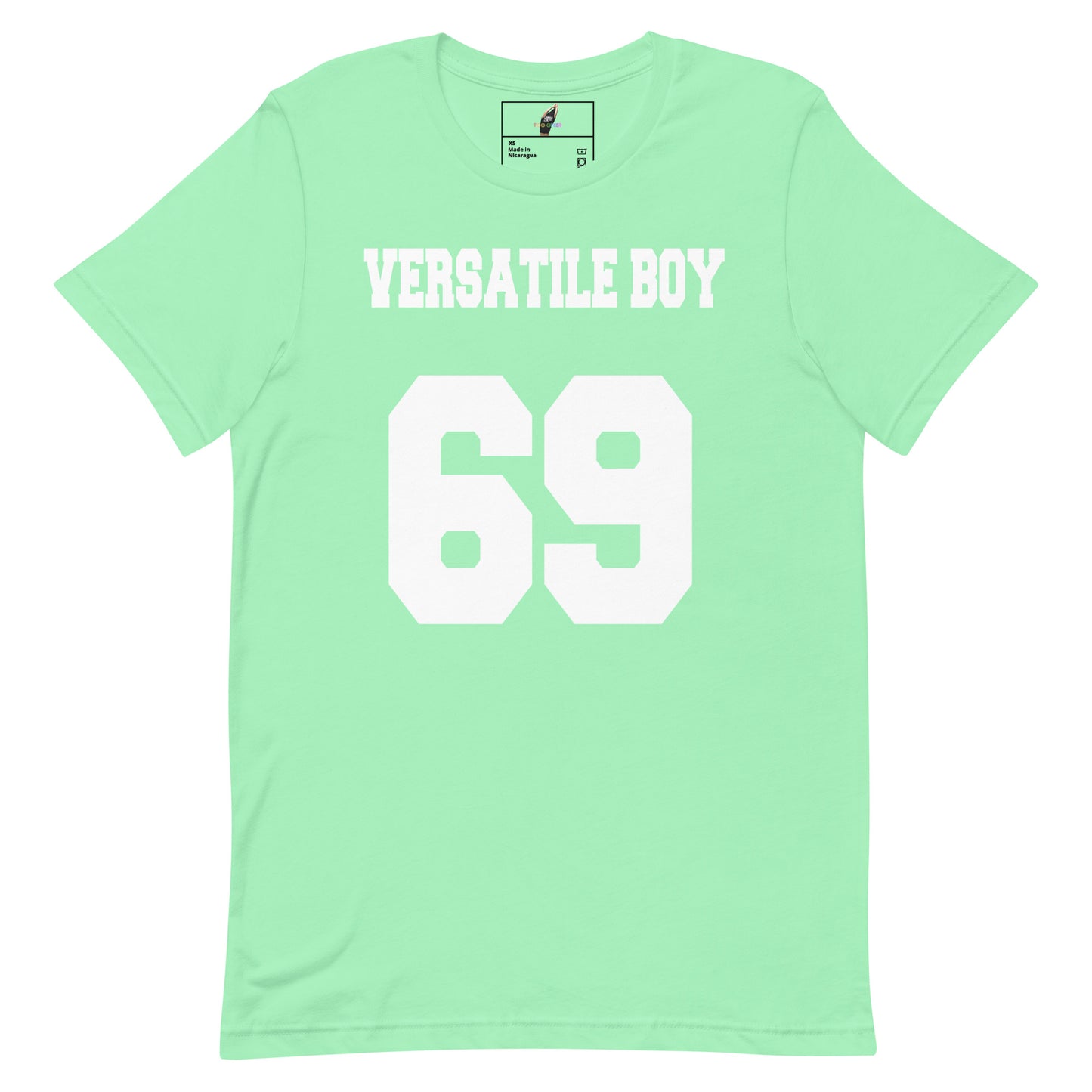 A mint green short-sleeve t-shirt with 'VERSATILE BOY' and the number '69' printed in bold white block letters on the front.