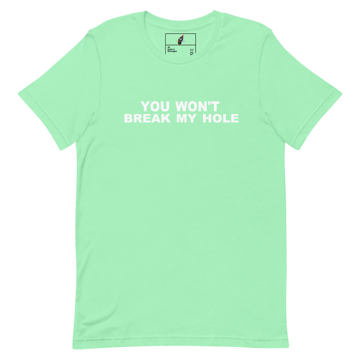 A mint green short-sleeve t-shirt with the phrase 'YOU WON'T BREAK MY HOLE' printed in white capital letters across the chest, displayed on a solid white background.
