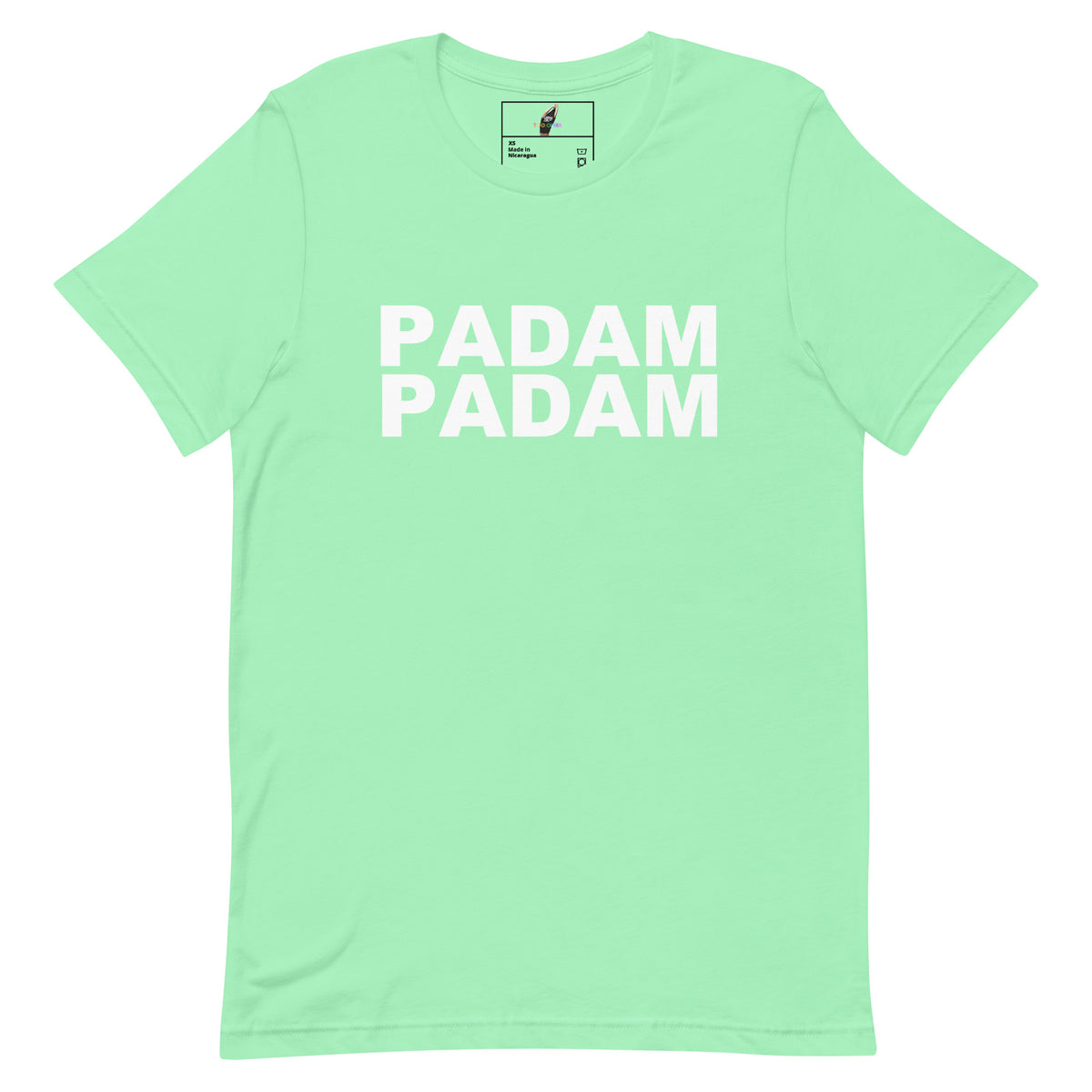 A mint green short-sleeve crewneck t-shirt with the words 'PADAM PADAM' printed in bold white capital letters across the chest, displayed flat against a solid white background.