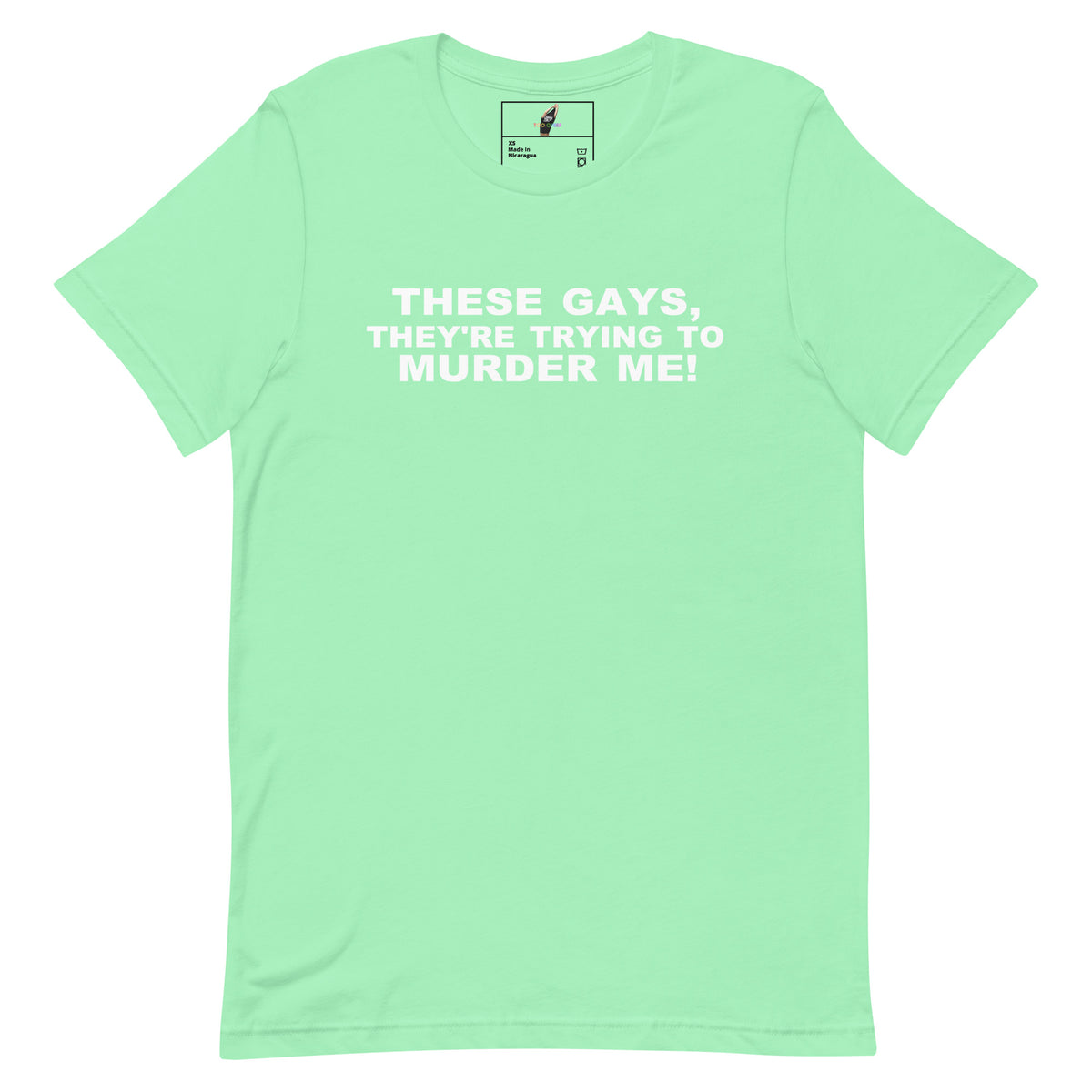 A mint green short-sleeve t-shirt with bold white text on the chest that reads 'THESE GAYS, THEY'RE TRYING TO MURDER ME!'. The shirt is displayed flat against a clean white background, showing a small printed brand label inside the collar.