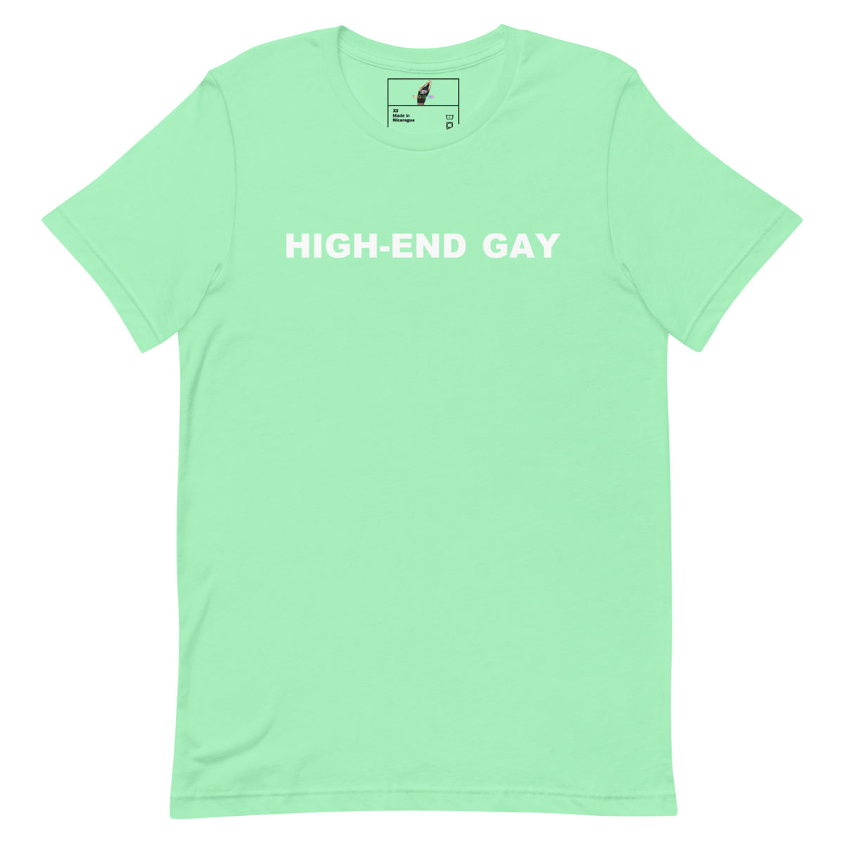A mint green short-sleeve crewneck t-shirt with the words 'HIGH-END GAY' printed in white across the chest, displayed flat against a white background.