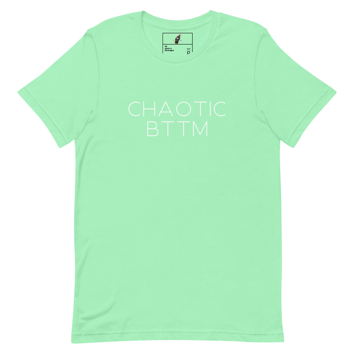 A mint green short-sleeve crewneck t-shirt with the words 'CHAOTIC BTTM' printed in white sans-serif font across the chest, displayed on a solid white background.