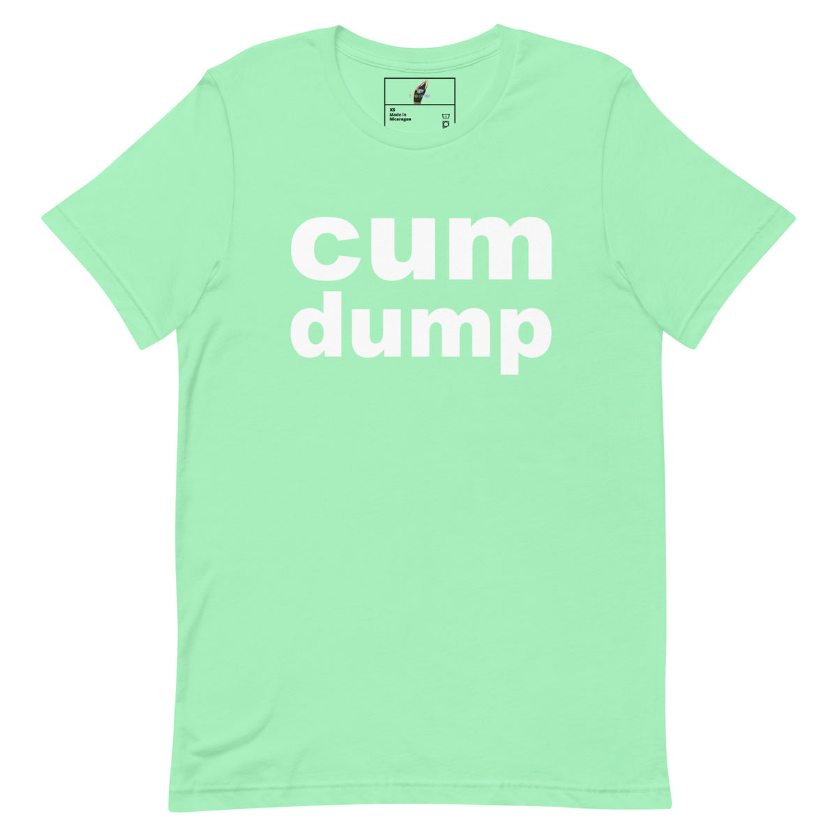 A mint green short-sleeve t-shirt with the words 'cum dump' printed in bold white lowercase letters across the chest, displayed flat against a solid white background.