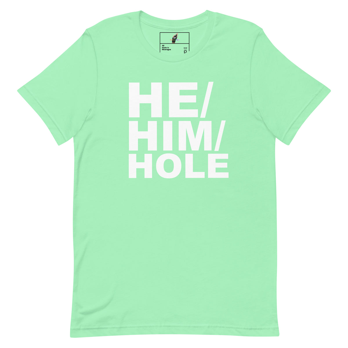A mint green short-sleeve t-shirt with the text 'HE/HIM/HOLE' printed in large white block letters on the front, displayed flat against a white background.
