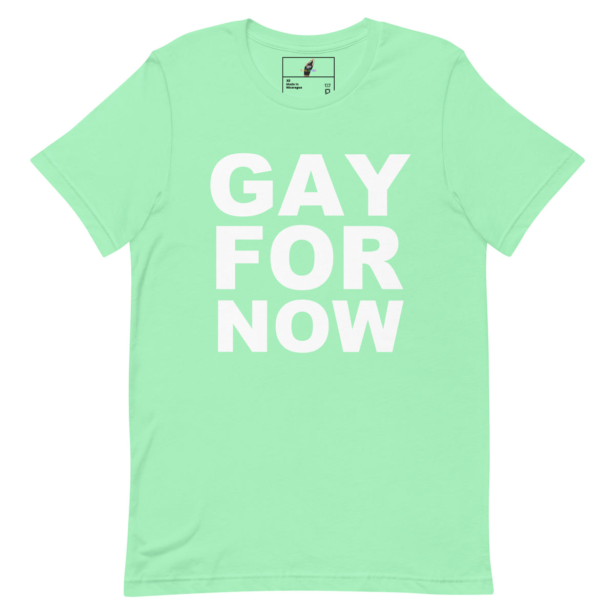 A mint green short-sleeve t-shirt with the words 'GAY FOR NOW' printed in large white block letters across the front, displayed on a clean white background.