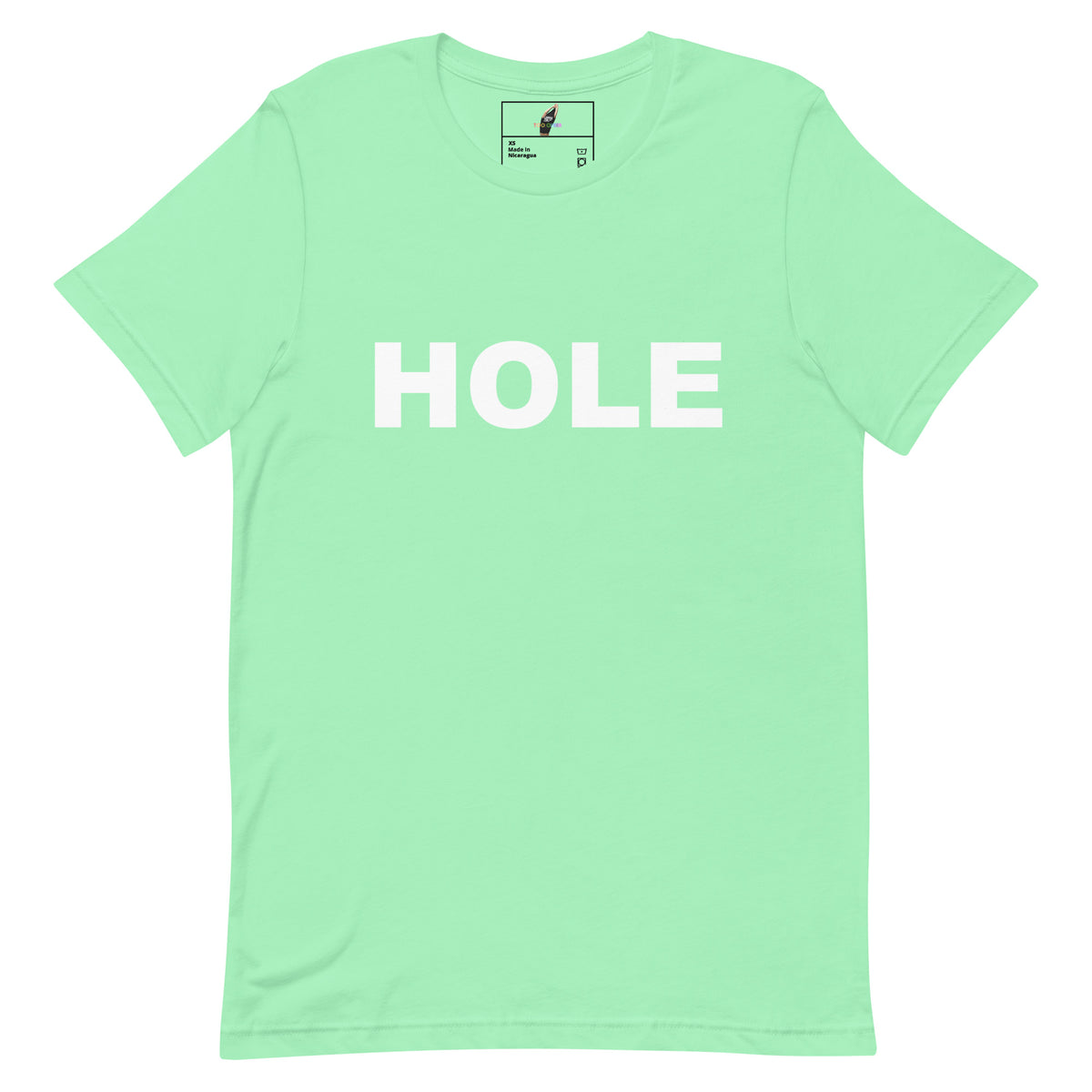 A mint green short-sleeve crewneck t-shirt with the word 'HOLE' printed in bold white capital letters across the chest, displayed flat against a solid white background.