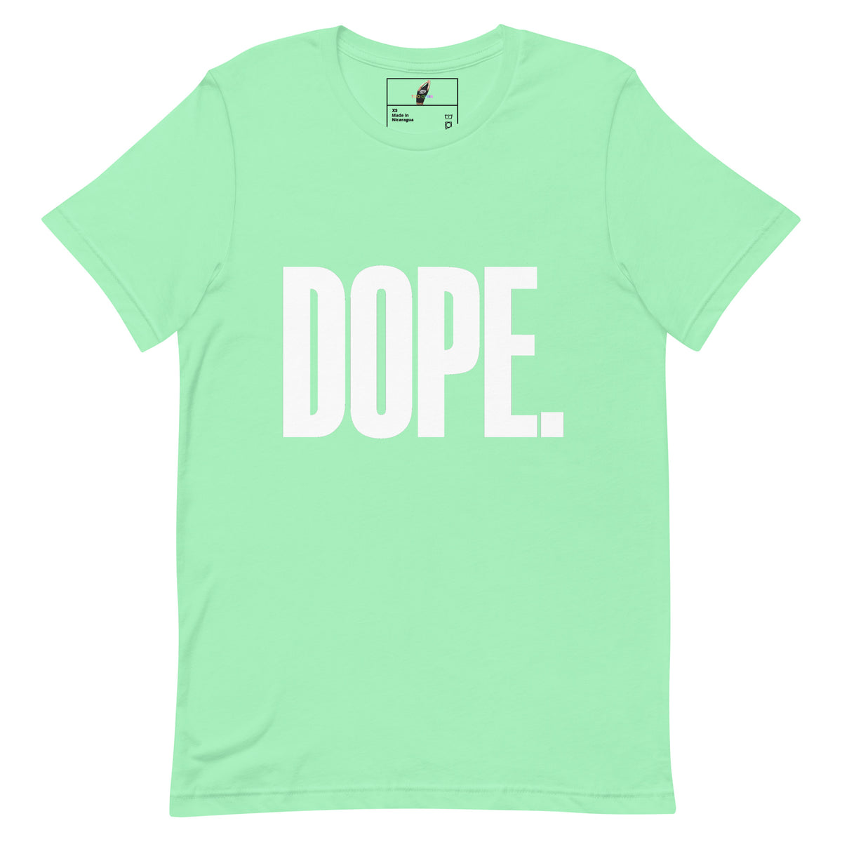 A mint green short-sleeve t-shirt with the word 'DOPE.' printed in large white block letters across the chest, shown flat against a white background.
