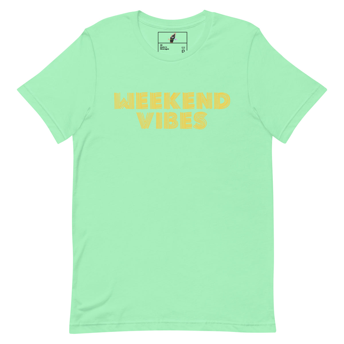 A mint green short-sleeve crewneck t-shirt with 'WEEKEND VIBES' printed in a yellow sans-serif font across the chest, displayed on a solid white background.