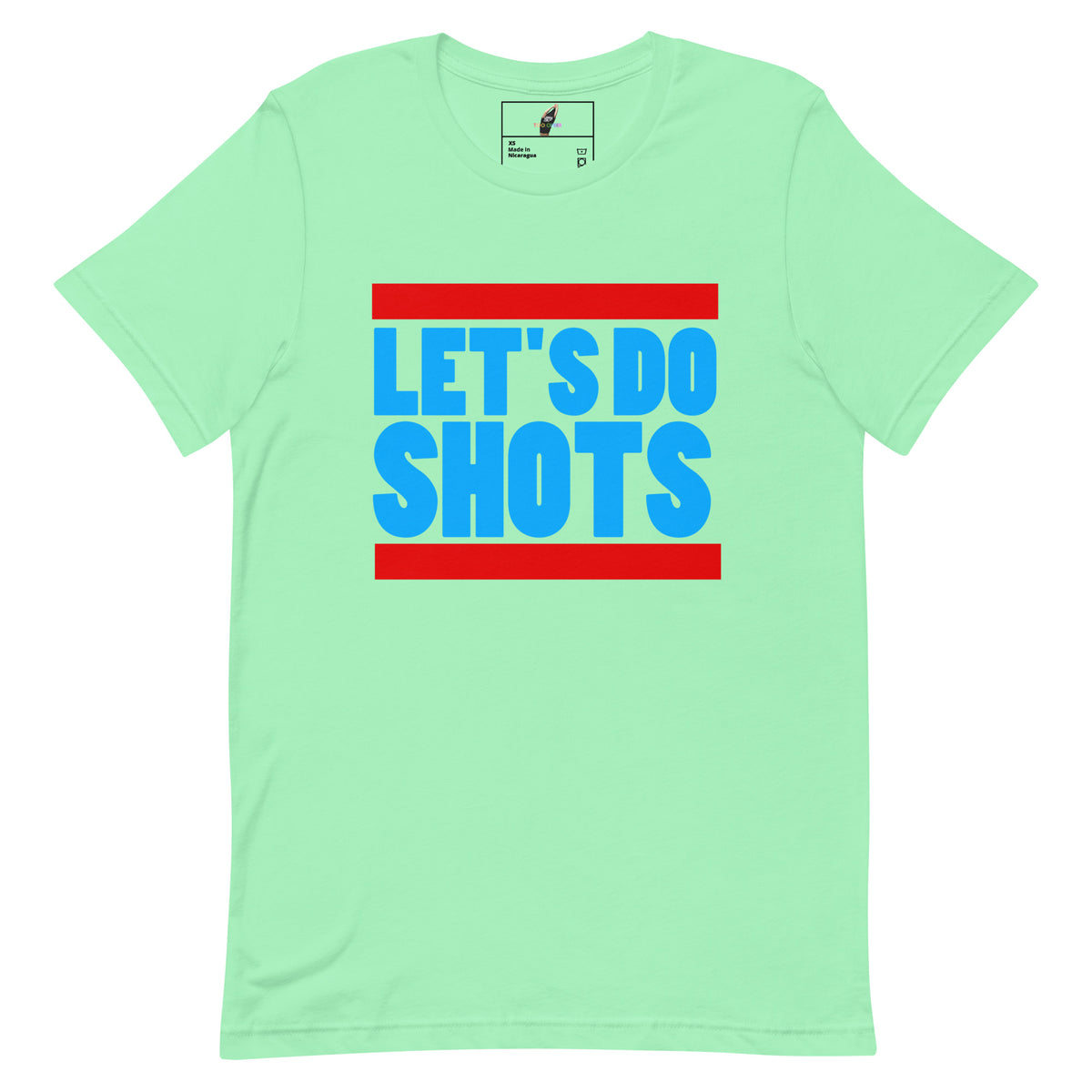 A mint green short-sleeve t-shirt with a graphic on the chest reading 'LET'S DO SHOTS' in blue block letters, framed by red horizontal bars, shown on a plain white background.