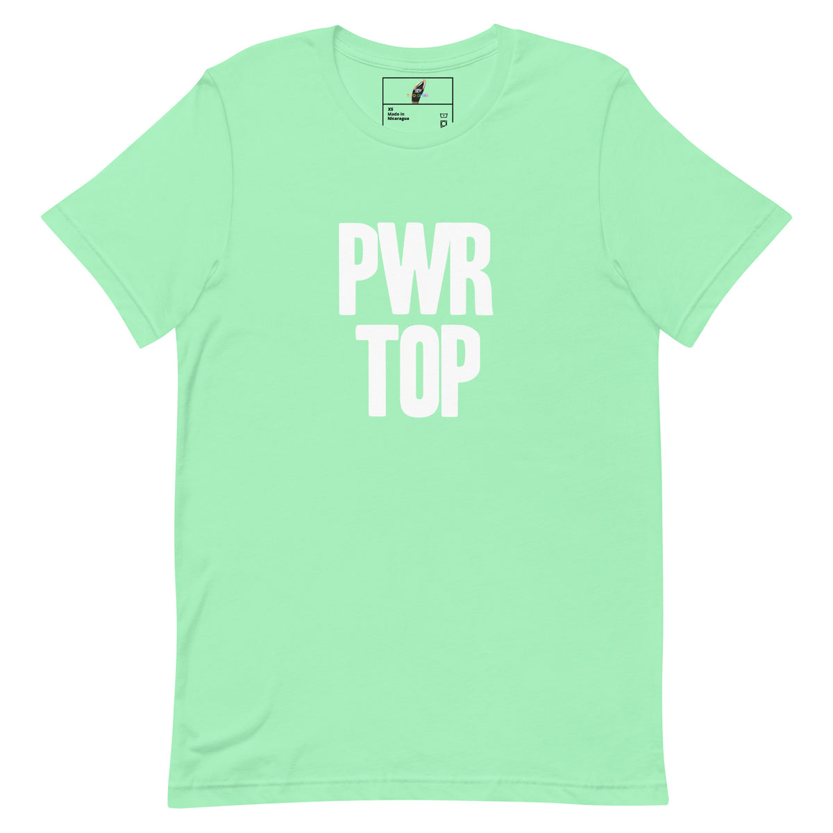 A mint green short-sleeve crewneck t-shirt with the words 'PWR TOP' printed in bold white capital letters on the front, displayed flat against a solid white background.
