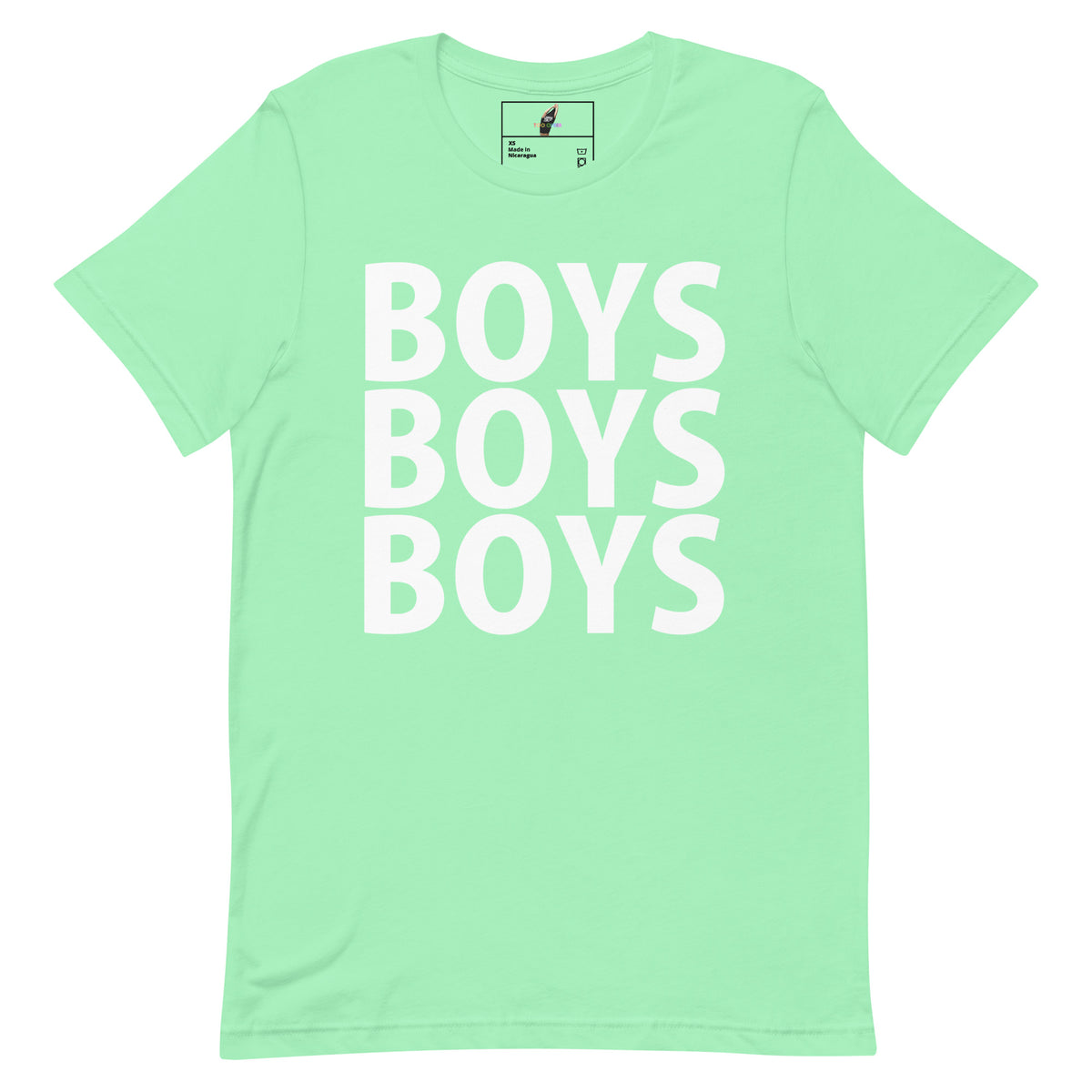 A mint green short-sleeve t-shirt with the word 'BOYS' printed vertically in large white block letters, repeated three times to read 'BOYS BOYS BOYS'.