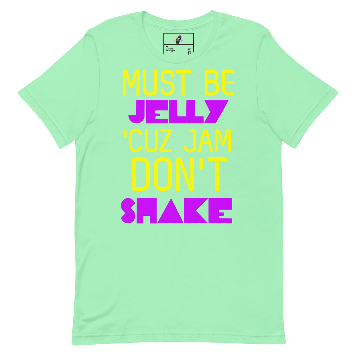 A mint green short-sleeve t-shirt with a colorful graphic text print reading 'MUST BE JELLY 'CUZ JAM DON'T SHAKE' in yellow and purple lettering, displayed flat against a white background.