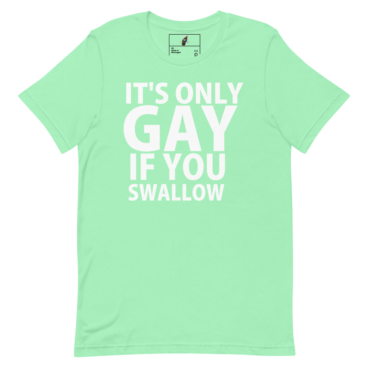 A mint green short-sleeve t-shirt with bold white text on the front reading 'IT'S ONLY GAY IF YOU SWALLOW'. The shirt is displayed flat against a solid white background, with a small brand label visible inside the collar.