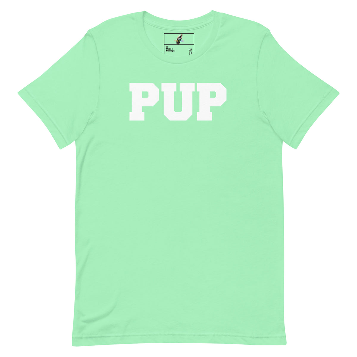 A mint green short-sleeve crewneck t-shirt with the word 'PUP' printed in bold white block letters across the chest, displayed flat against a white background.