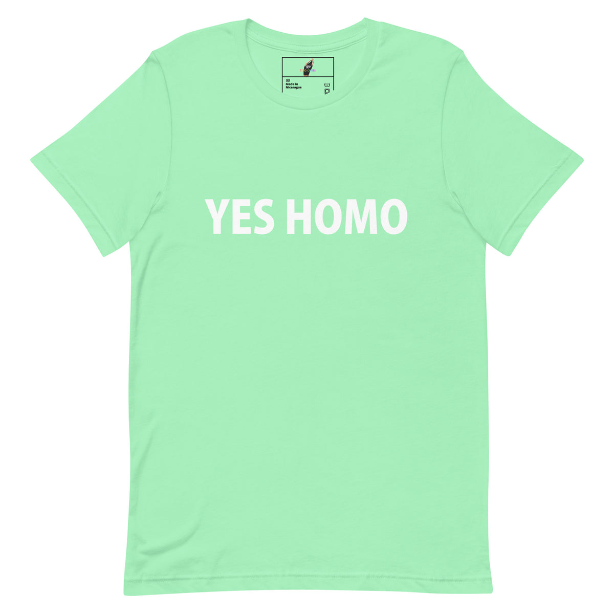 A mint green short-sleeve t-shirt with the words 'YES HOMO' printed in bold white capital letters across the chest, displayed flat against a solid white background.