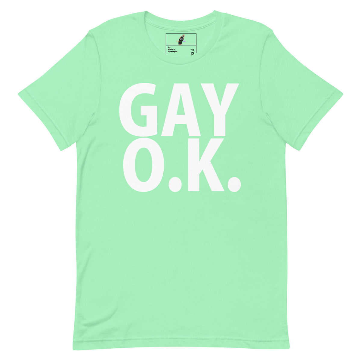 A mint green short-sleeve t-shirt with the words 'GAY O.K.