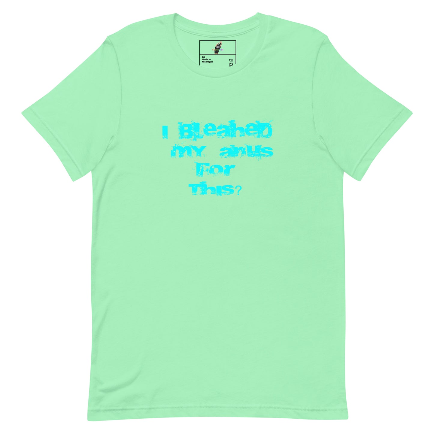 A mint green short-sleeve t-shirt with a humorous graphic printed in light blue on the chest that reads 'I Bleahed my anus for This?'. The shirt is displayed flat against a solid white background, with a small brand label visible inside the collar.