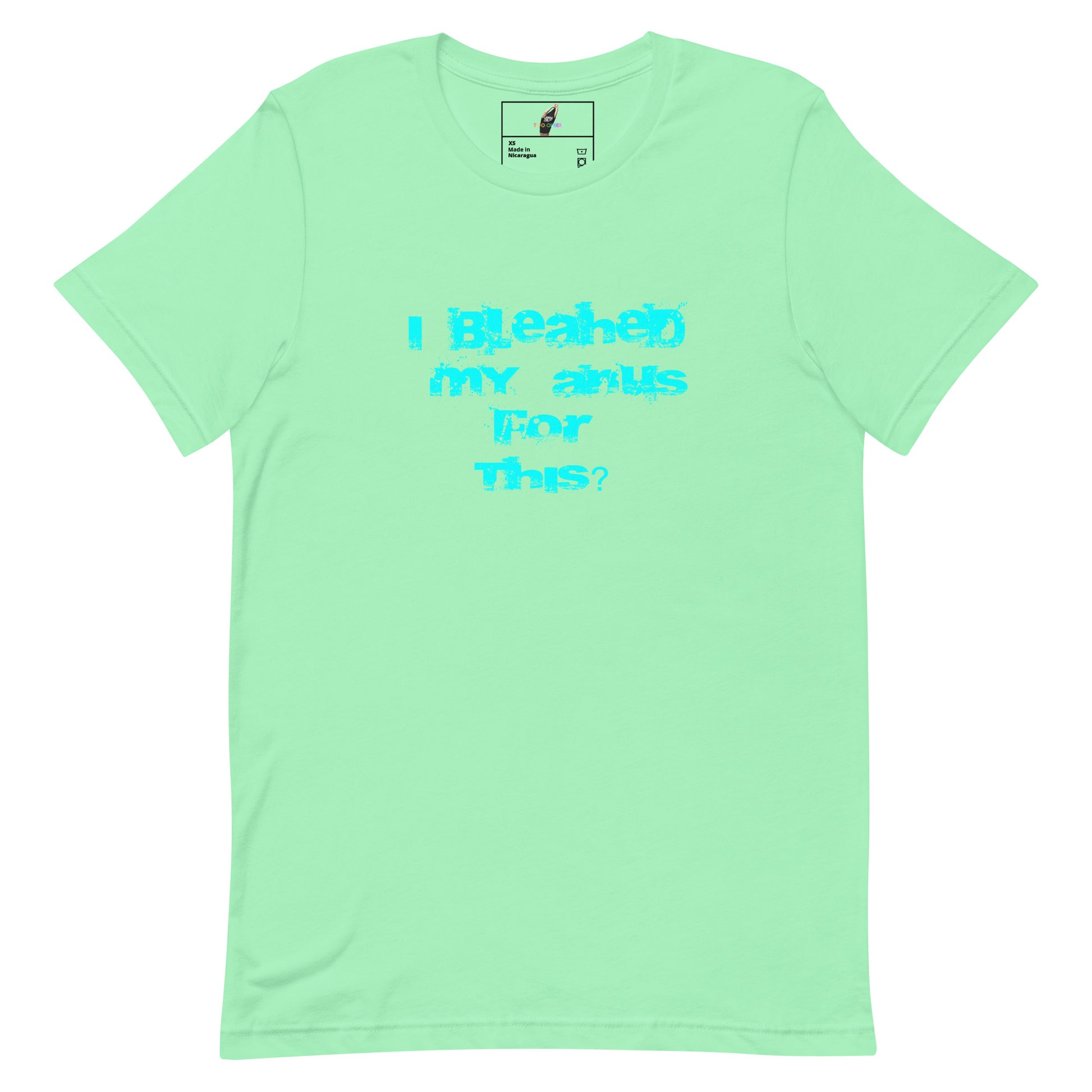 A mint green short-sleeve t-shirt with a humorous graphic printed in light blue on the chest that reads 'I Bleahed my anus for This?'. The shirt is displayed flat against a solid white background, with a small brand label visible inside the collar.