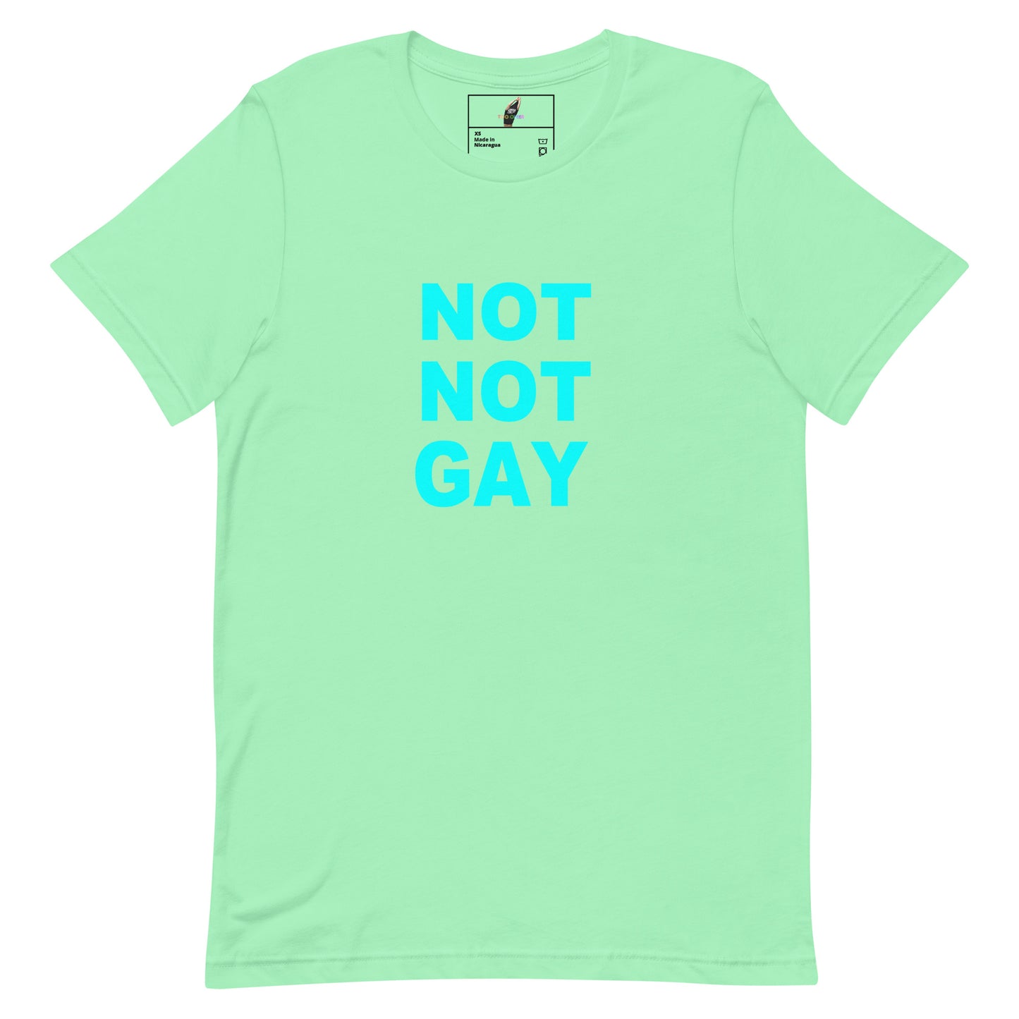 A mint green short-sleeve t-shirt with the text 'NOT NOT GAY' printed in bright cyan on the chest, displayed flat against a white background.