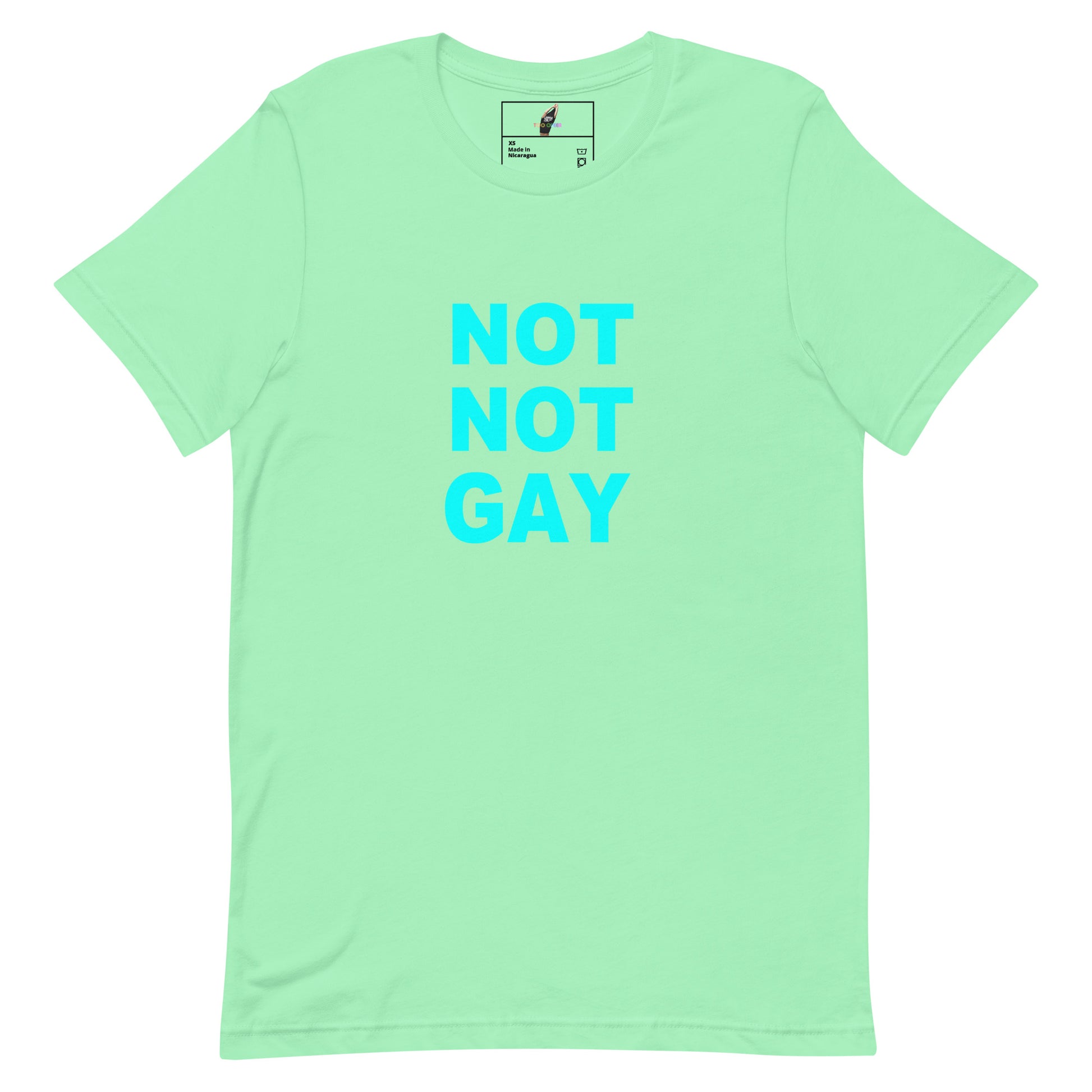 A mint green short-sleeve t-shirt with the text 'NOT NOT GAY' printed in bright cyan on the chest, displayed flat against a white background.