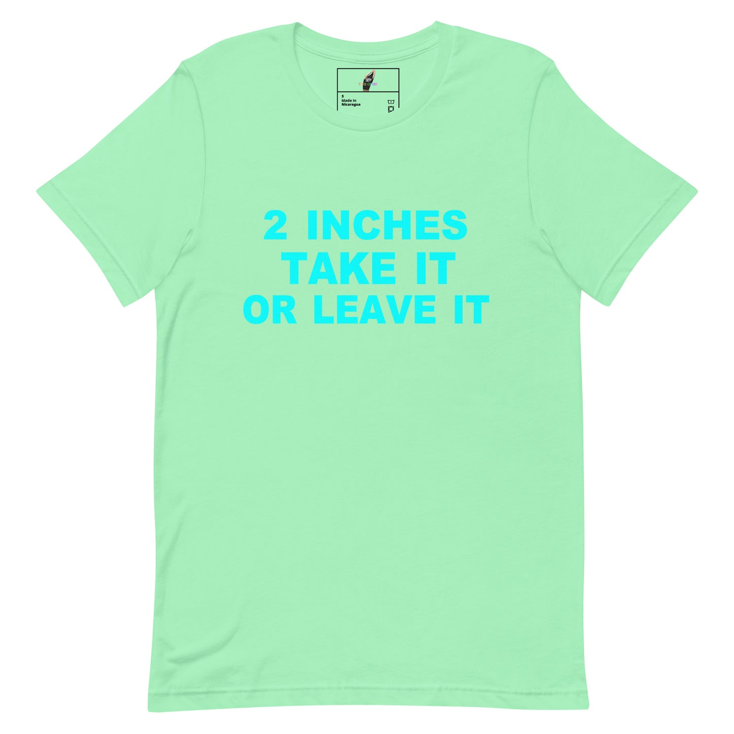 A mint green short-sleeve t-shirt with the text '2 INCHES TAKE IT OR LEAVE IT' printed in bright cyan on the front, displayed on a solid white background.