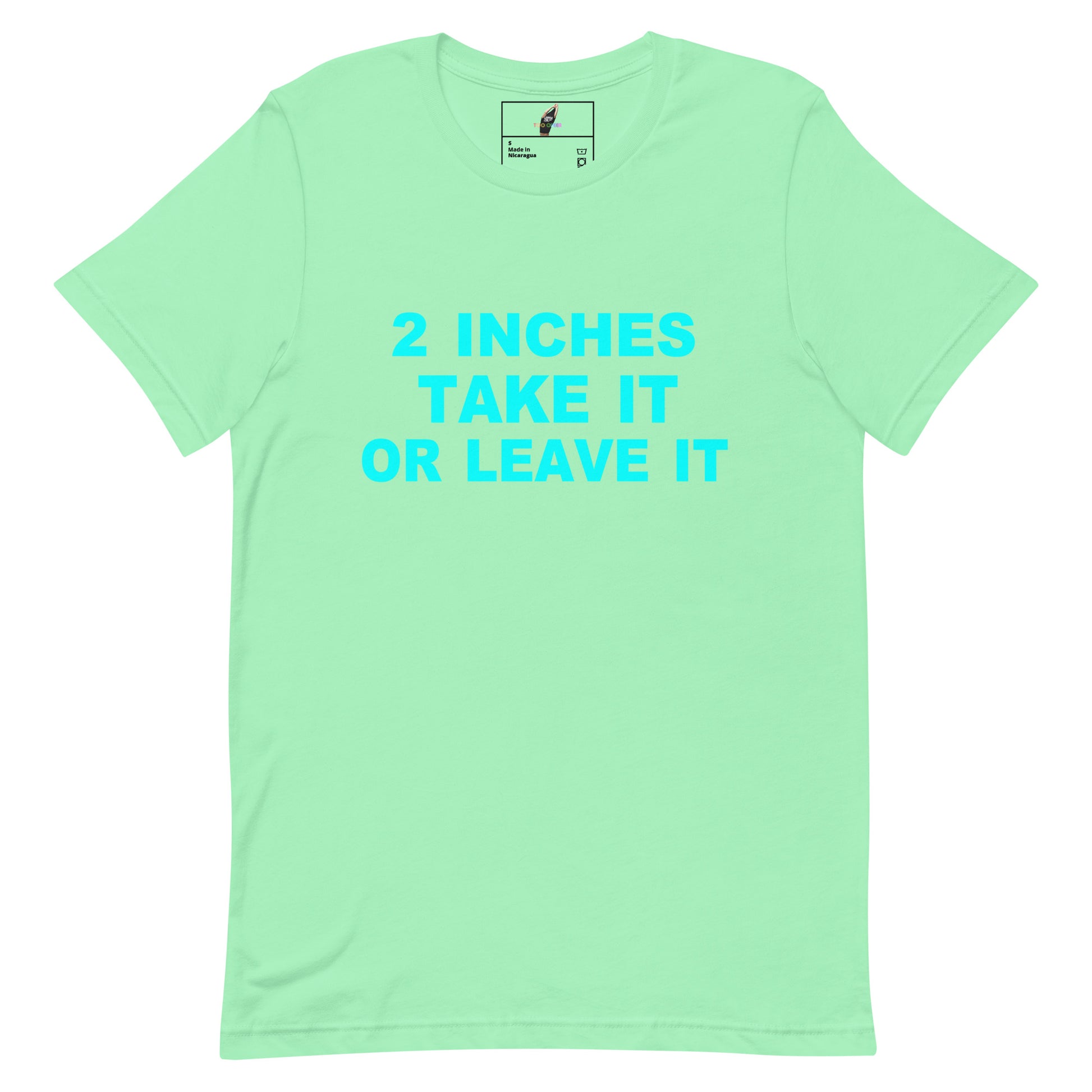 A mint green short-sleeve t-shirt with the text '2 INCHES TAKE IT OR LEAVE IT' printed in bright cyan on the front, displayed on a solid white background.