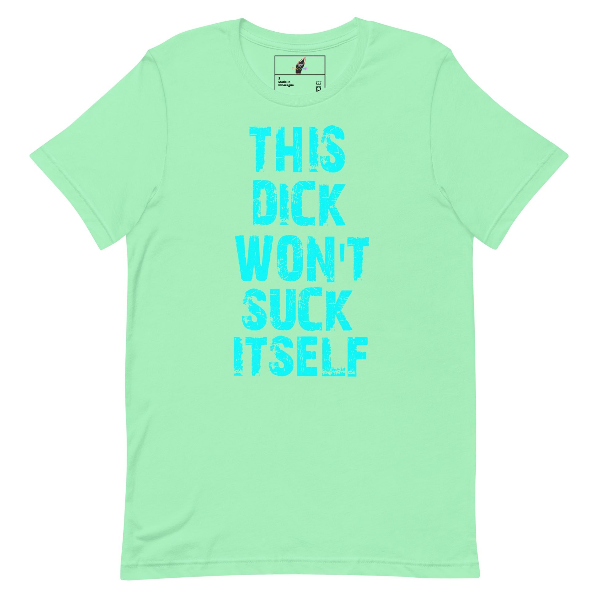A mint green short-sleeve t-shirt with the phrase 'THIS DICK WON'T SUCK ITSELF' printed vertically in a bright cyan, distressed font on the front.