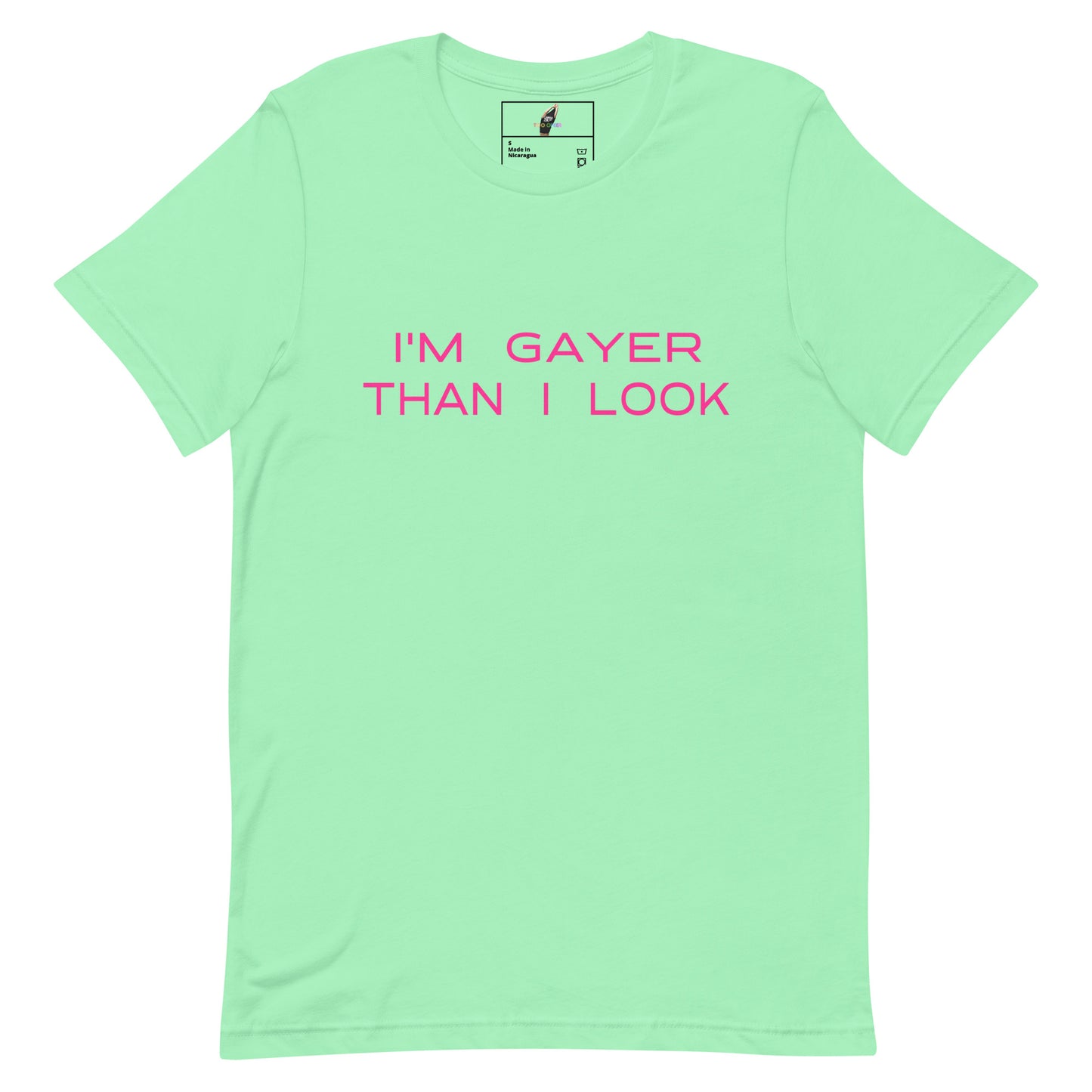 A mint green short-sleeve t-shirt with the phrase 'I'M GAYER THAN I LOOK' printed in pink across the chest, displayed flat against a white background.