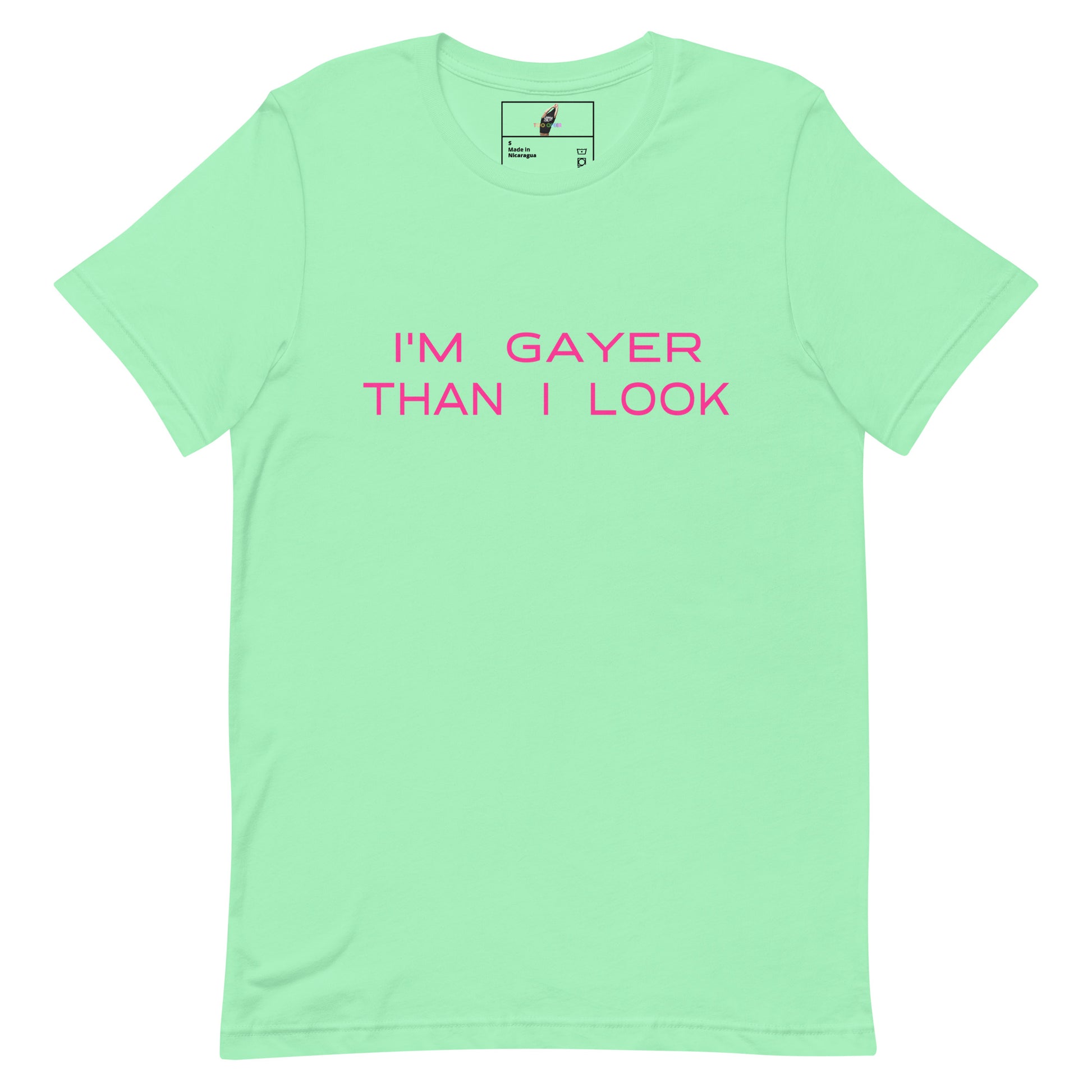A mint green short-sleeve t-shirt with the phrase 'I'M GAYER THAN I LOOK' printed in pink across the chest, displayed flat against a white background.