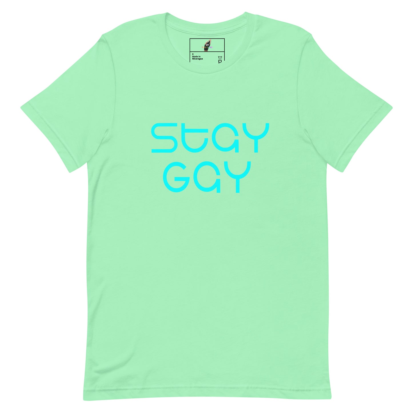 A mint green short-sleeve t-shirt with the words 'stay GAY' printed in a light blue outline font across the chest. The shirt is displayed flat against a solid white background.