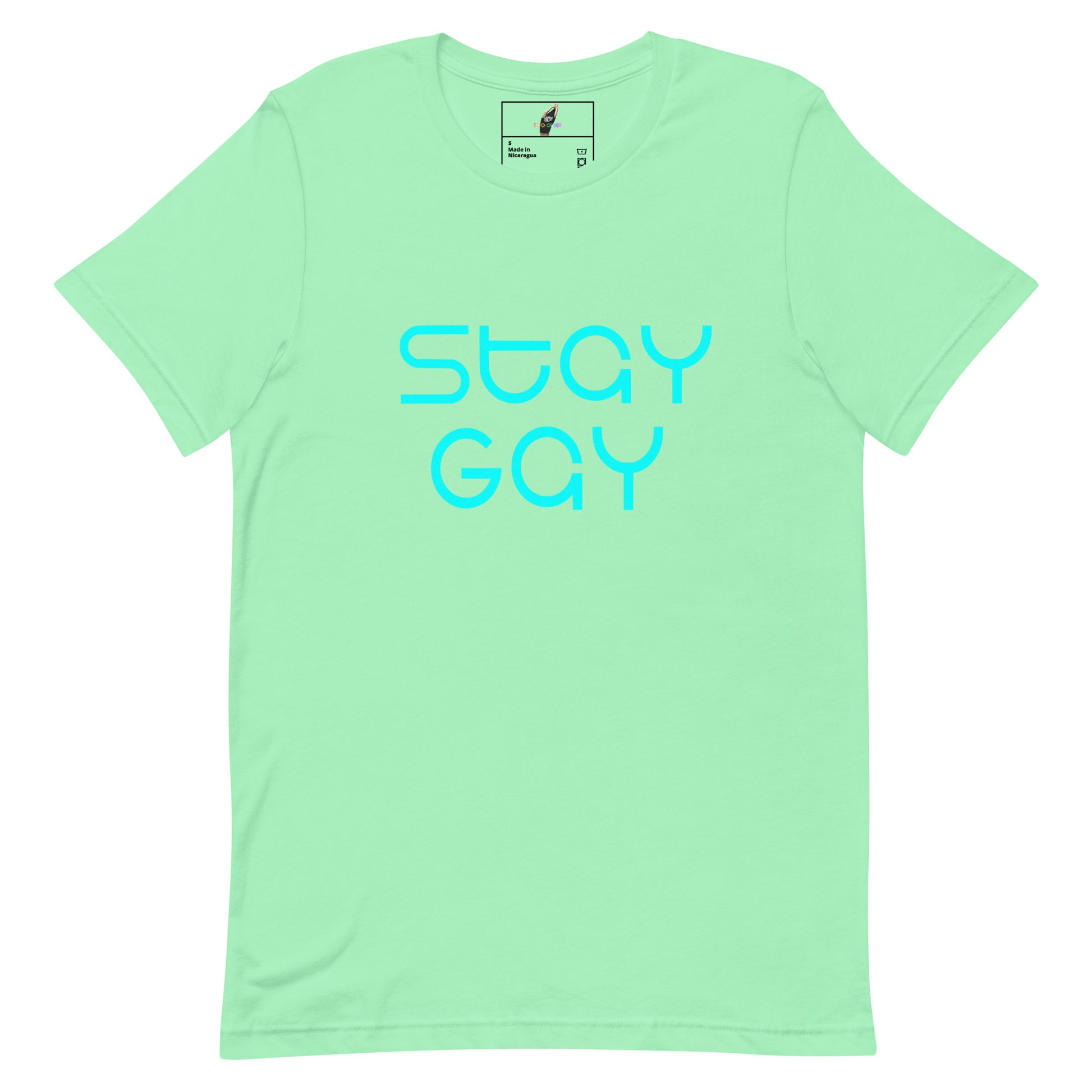 A mint green short-sleeve t-shirt with the words 'stay GAY' printed in a light blue outline font across the chest. The shirt is displayed flat against a solid white background.