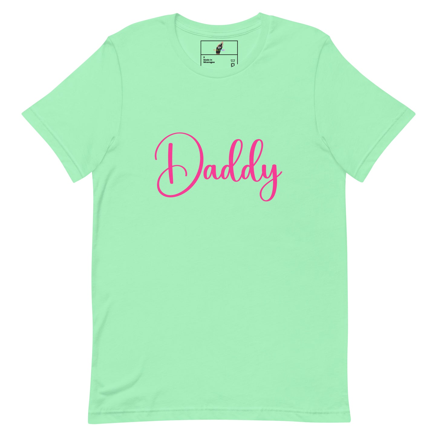 A mint green short-sleeve crewneck t-shirt featuring the word 'Daddy' printed across the chest in bright pink cursive script, displayed on a clean white background.